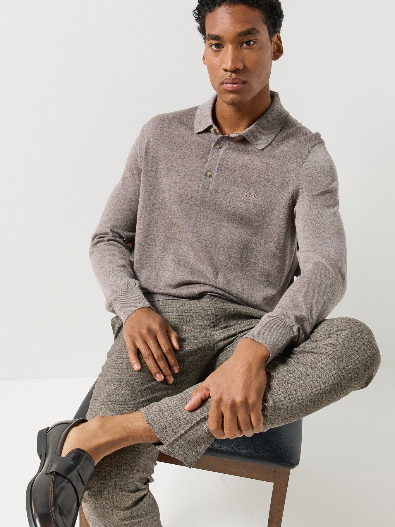 Image 6 of 6 of BOSS Mens Knitted Long Sleeve Polo Shirt - Brown