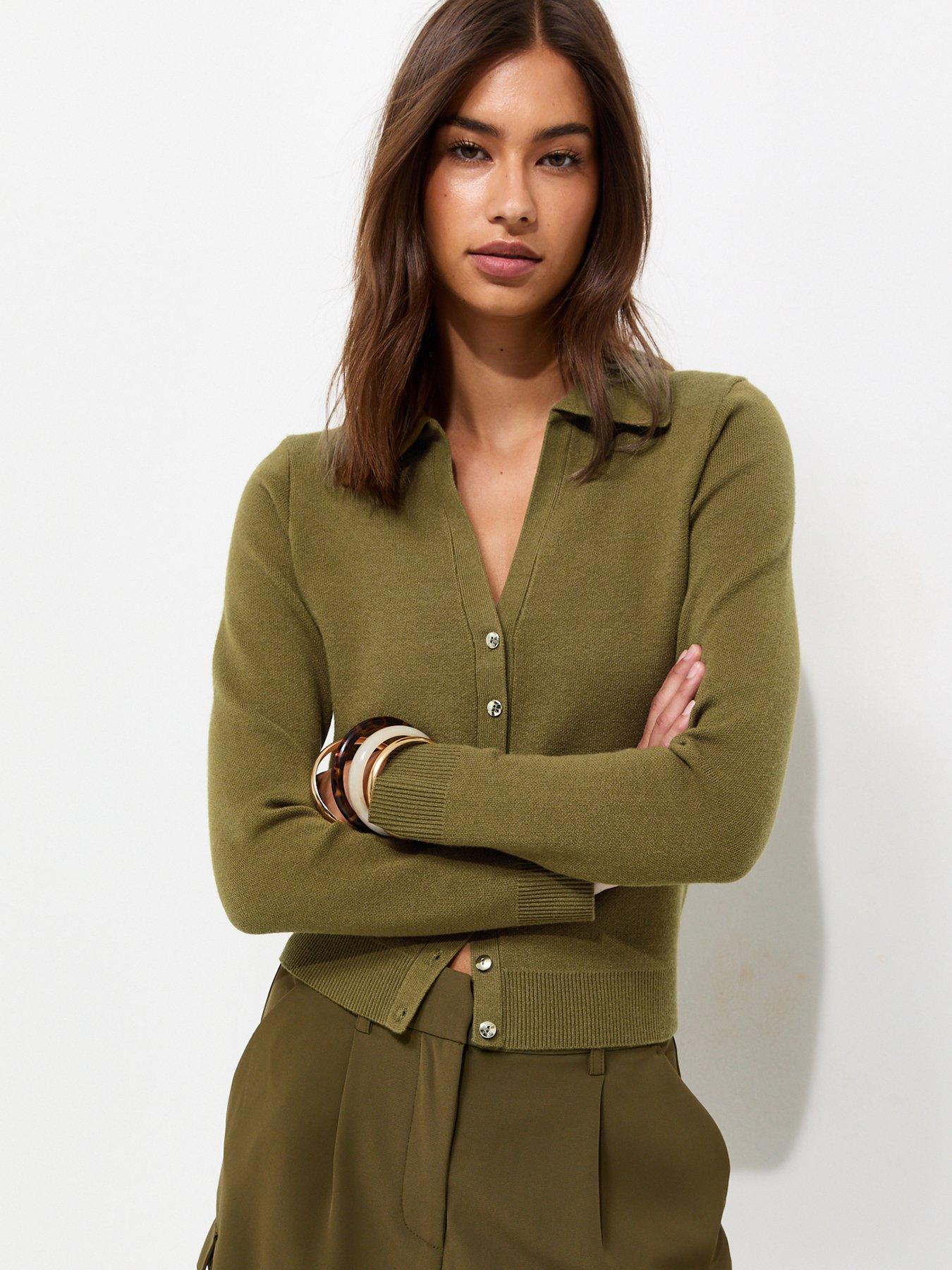 Image 1 of 5 of New Look Compact Knit Collared Cardigan - Green