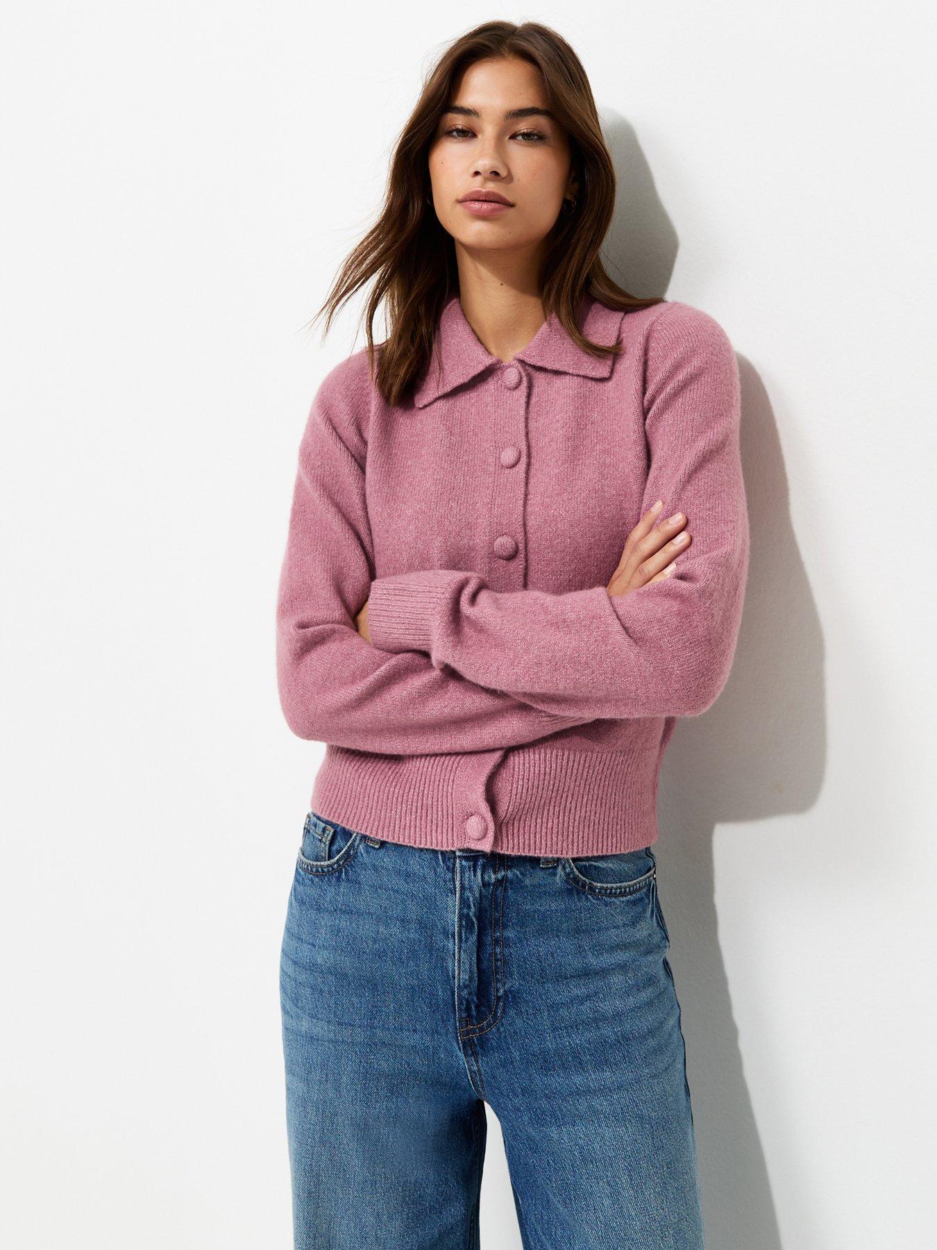Image 1 of 5 of New Look Dark Pink Midweight Knit Collared Button Front Cardigan