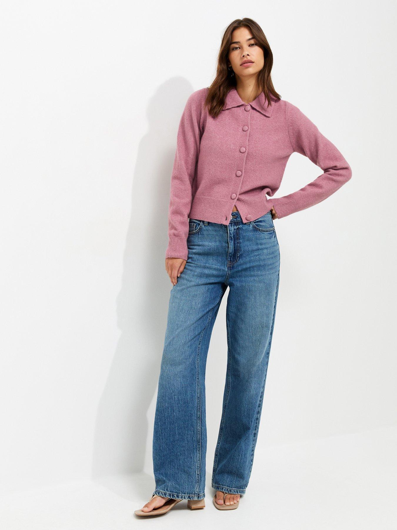 Image 3 of 5 of New Look Dark Pink Midweight Knit Collared Button Front Cardigan