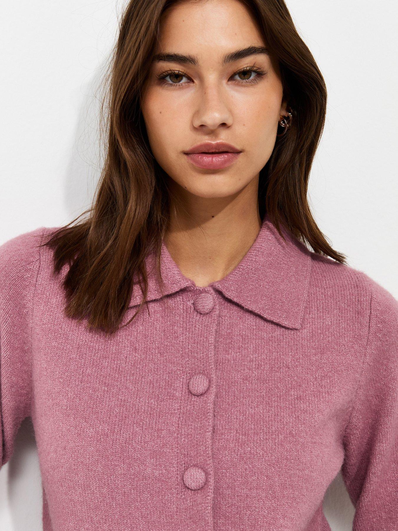 Image 4 of 5 of New Look Dark Pink Midweight Knit Collared Button Front Cardigan