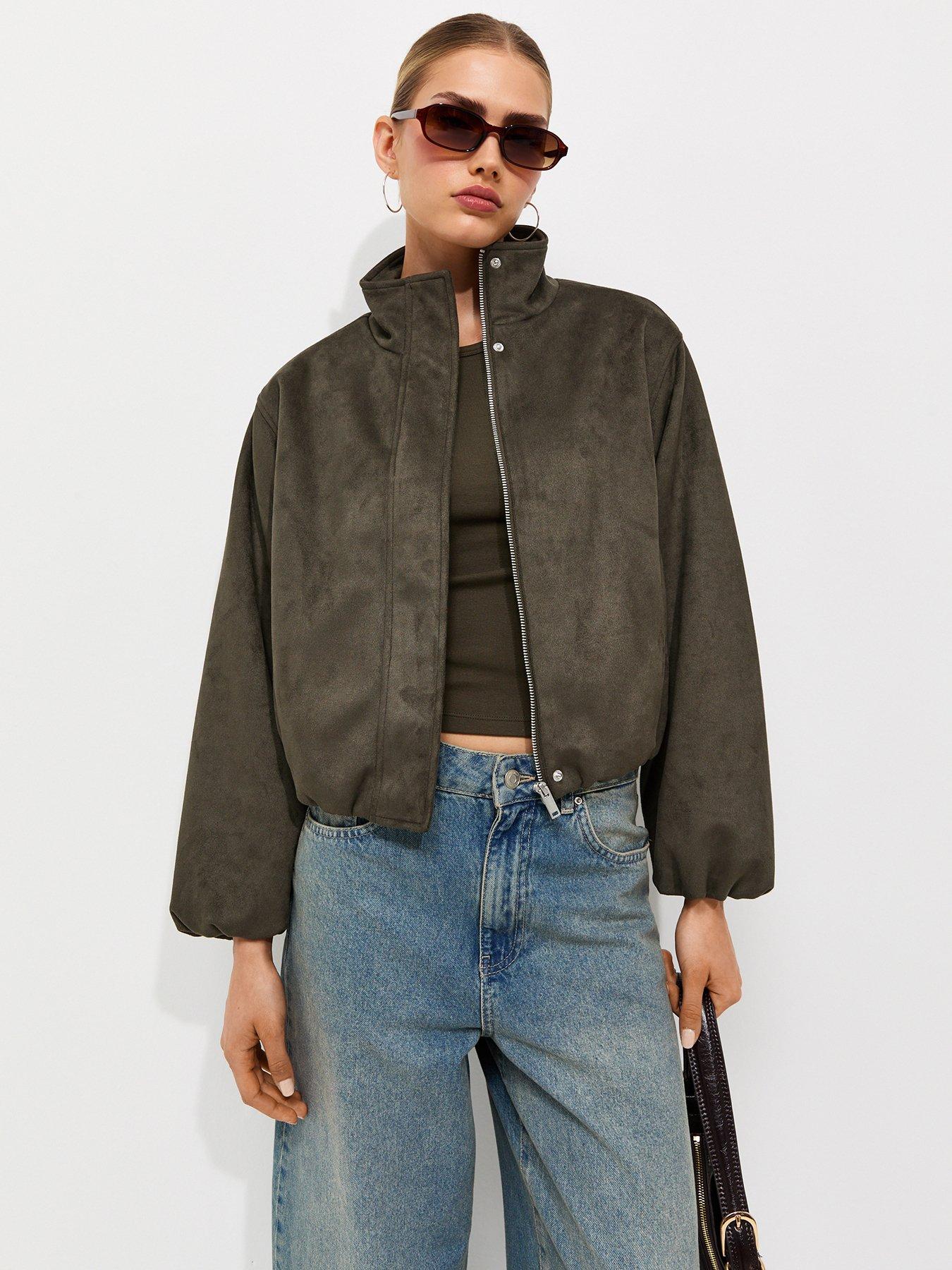 Image 1 of 6 of New Look Faux Suede Bubble Hem Jacket - Green