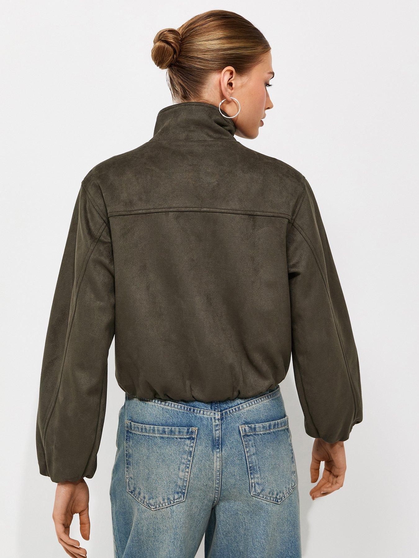 Image 2 of 6 of New Look Faux Suede Bubble Hem Jacket - Green