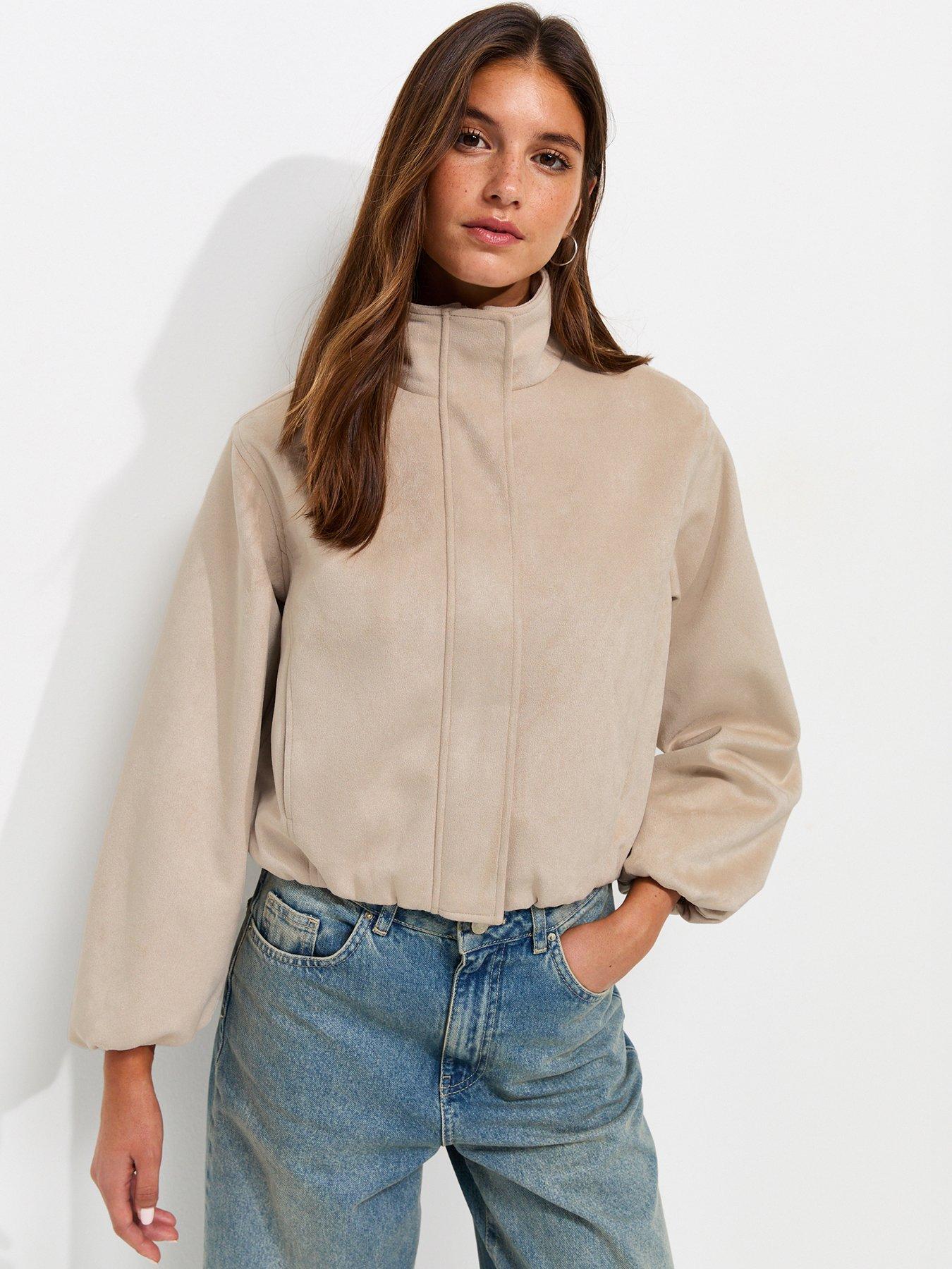 Image 1 of 6 of New Look Stone Faux Suede Bubble Hem Jacket - Beige