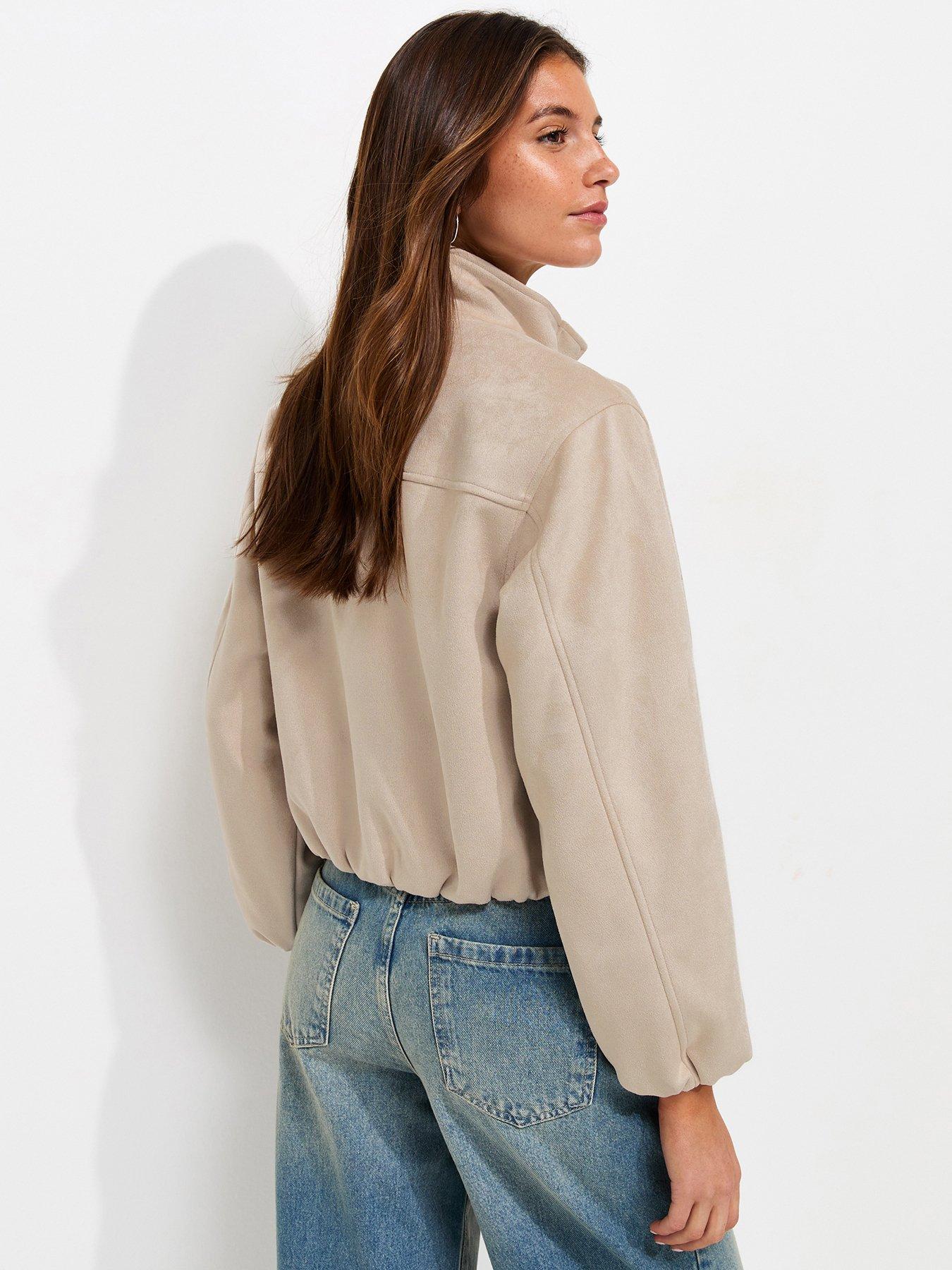 Image 2 of 6 of New Look Stone Faux Suede Bubble Hem Jacket - Beige