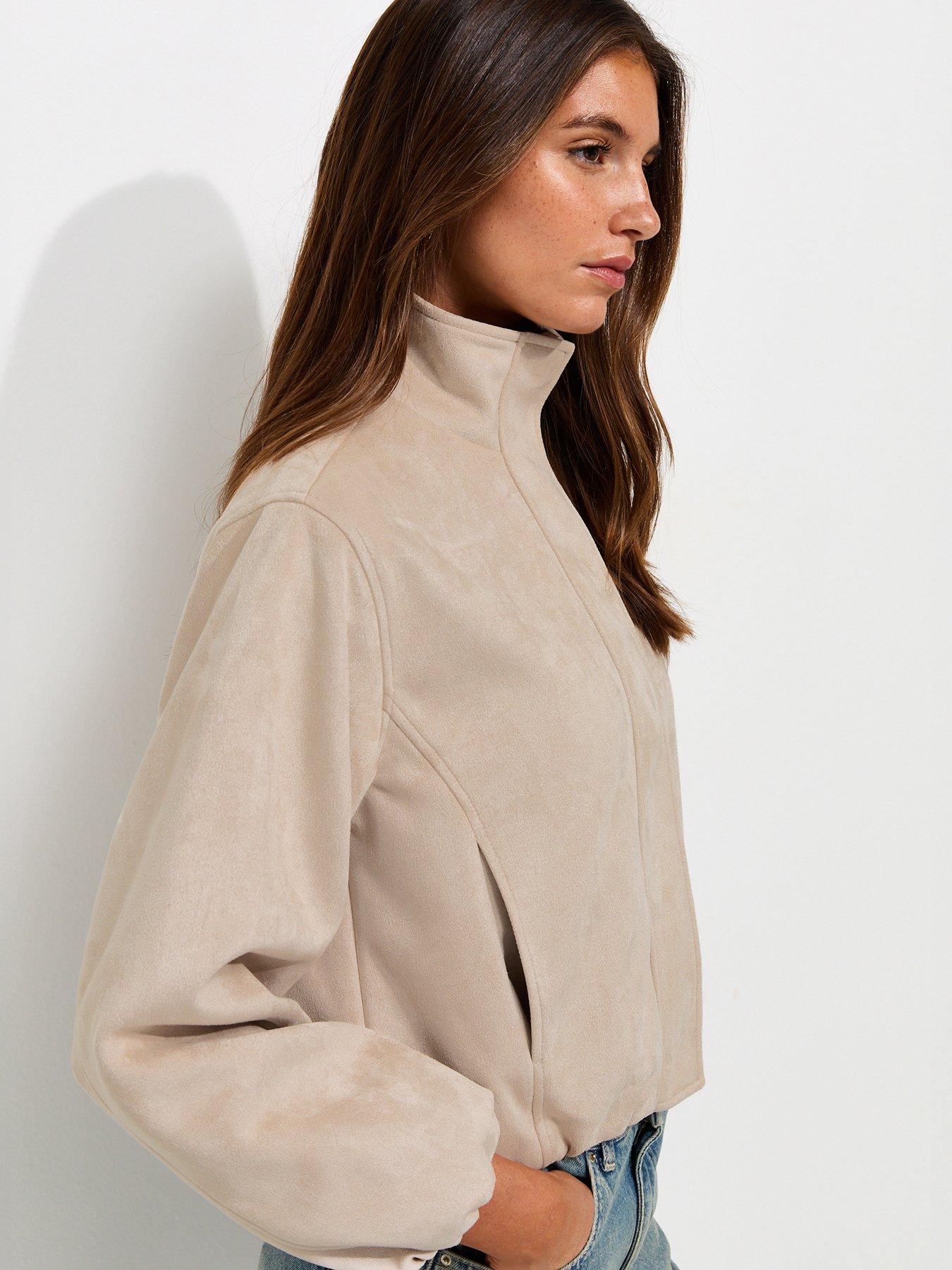 Image 4 of 6 of New Look Stone Faux Suede Bubble Hem Jacket - Beige