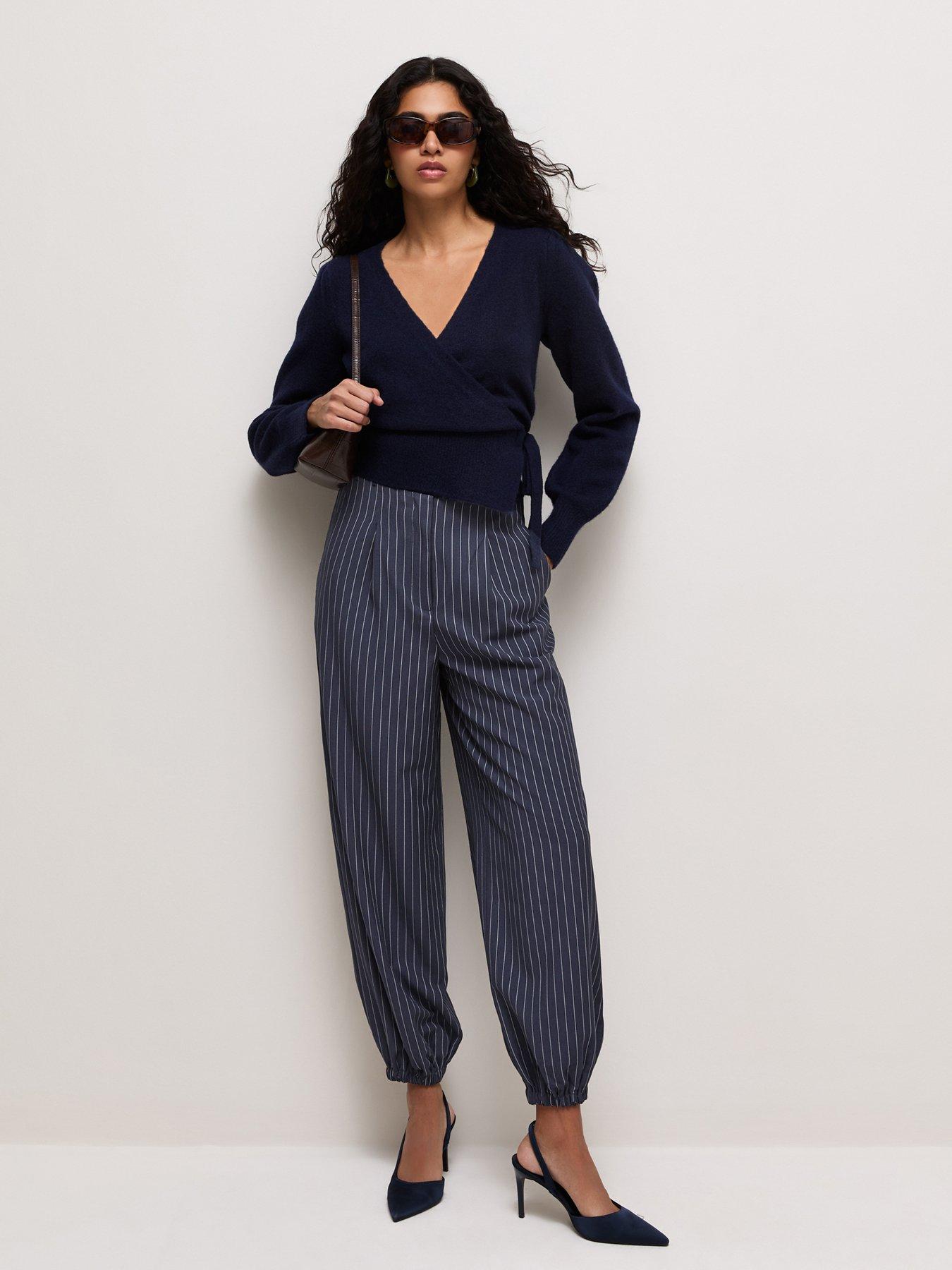New Look Blue Pinstriped Tapered Cuffed Trousers