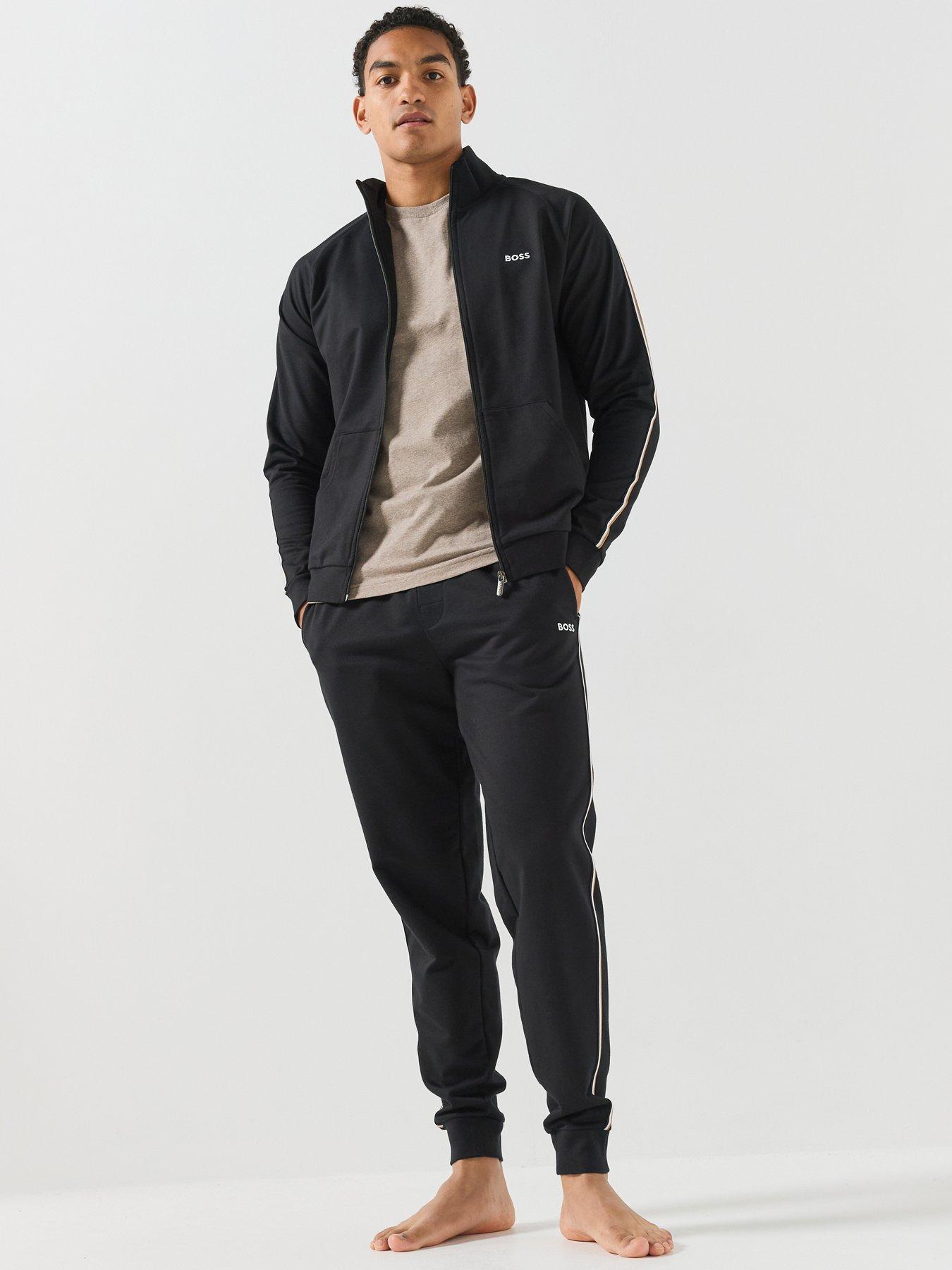 Image 1 of 6 of BOSS Mens Zip-Through Cotton Loungewear Set - Black