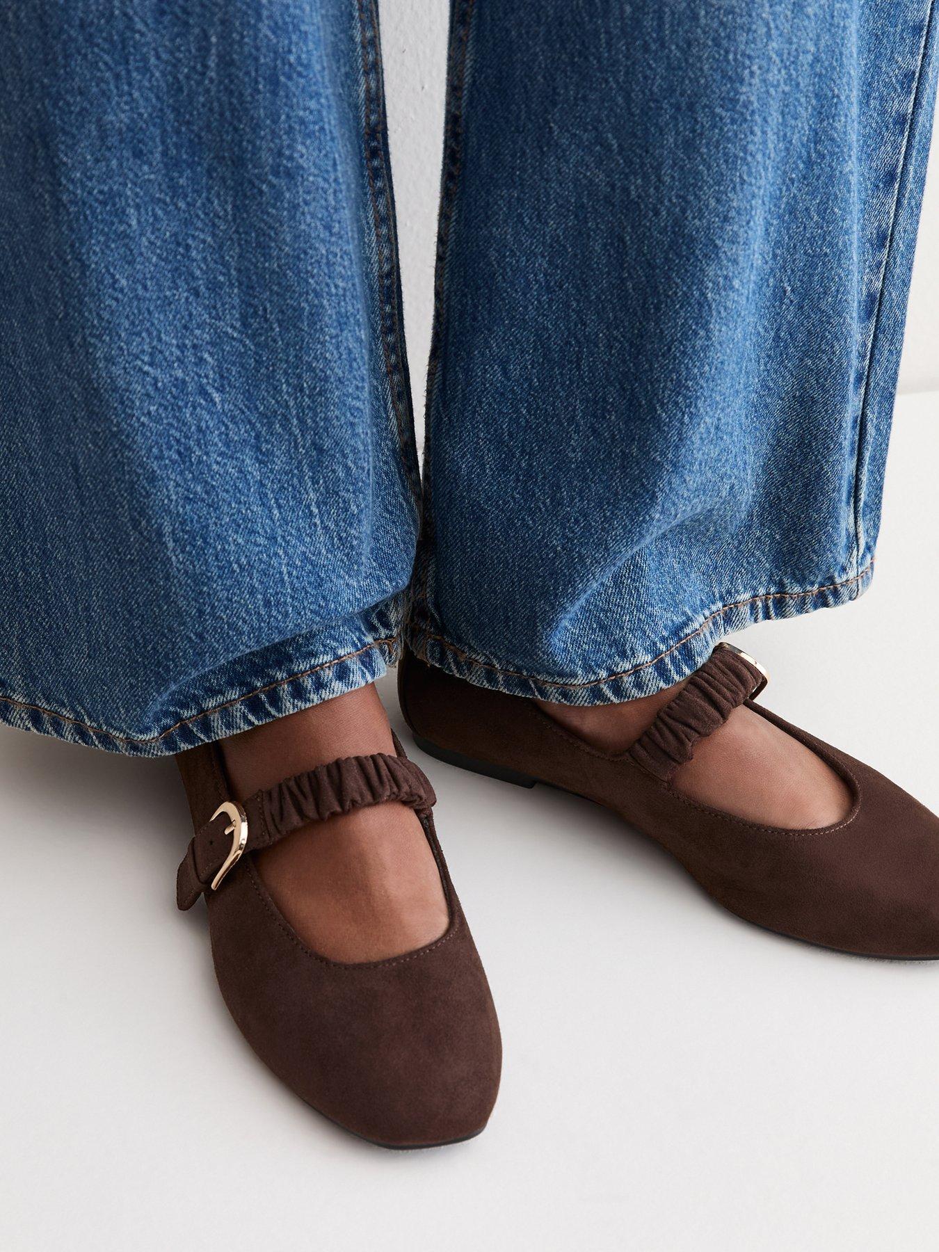 Image 1 of 6 of New Look Wide Fit Faux Suede Ruched Strap Mary Jane Shoes - Dark Brown