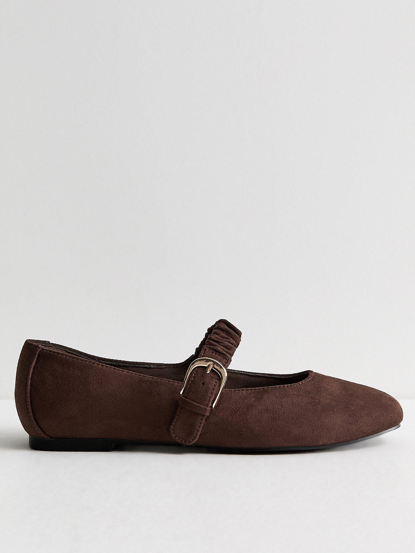 Image 2 of 6 of New Look Wide Fit Faux Suede Ruched Strap Mary Jane Shoes - Dark Brown