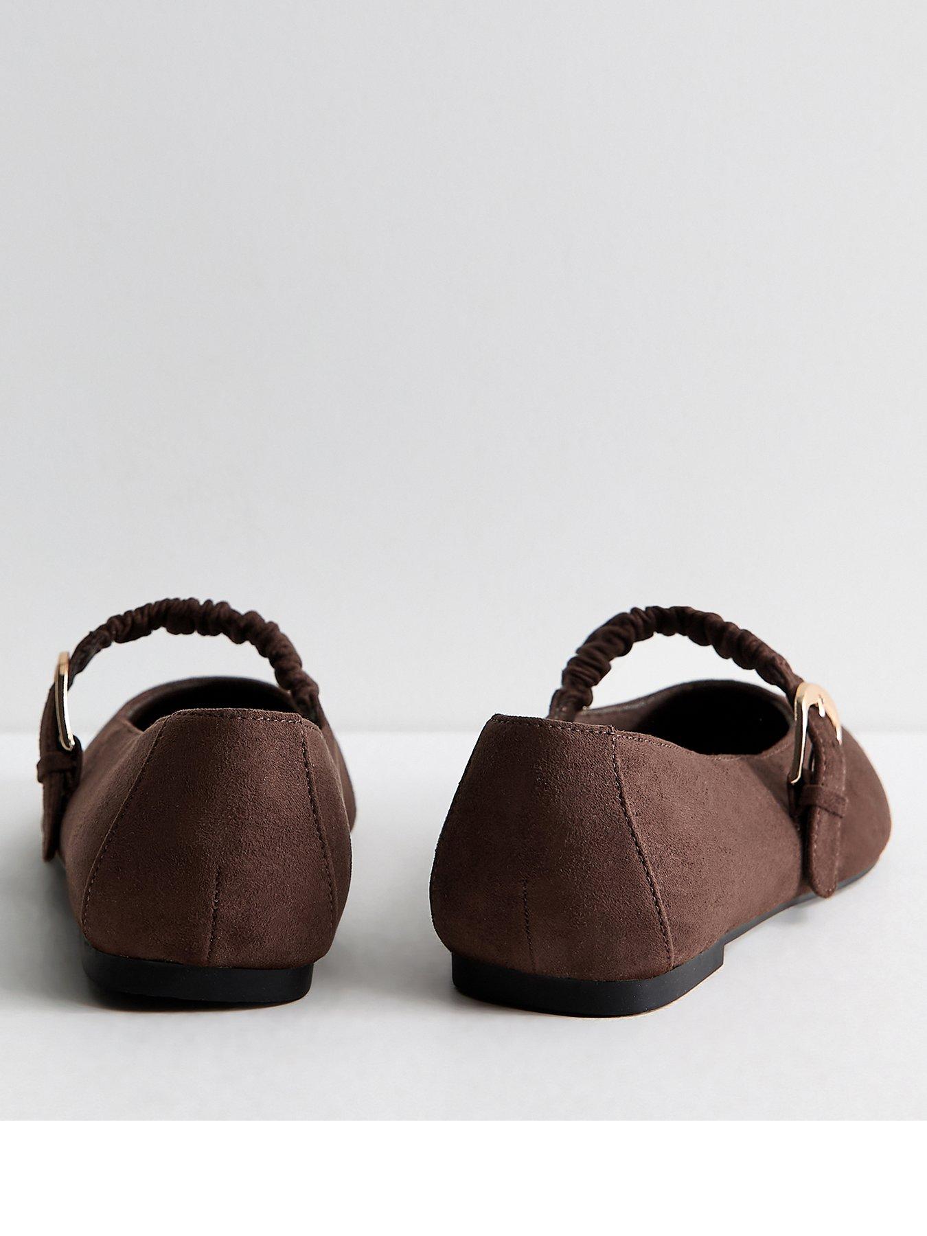 Image 3 of 6 of New Look Wide Fit Faux Suede Ruched Strap Mary Jane Shoes - Dark Brown