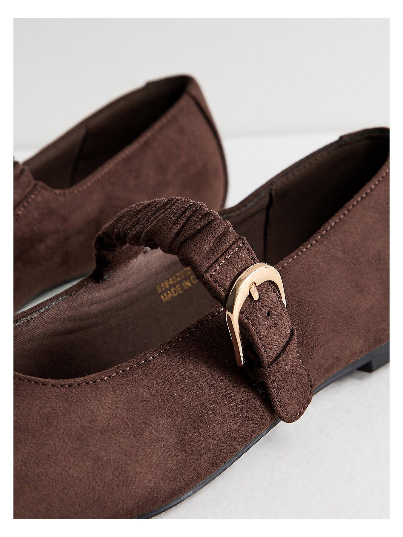 Image 5 of 6 of New Look Wide Fit Faux Suede Ruched Strap Mary Jane Shoes - Dark Brown