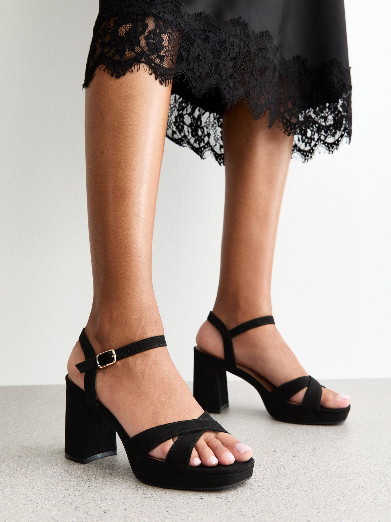 New Look Black Faux Suede Cross Strap Heel Sandals