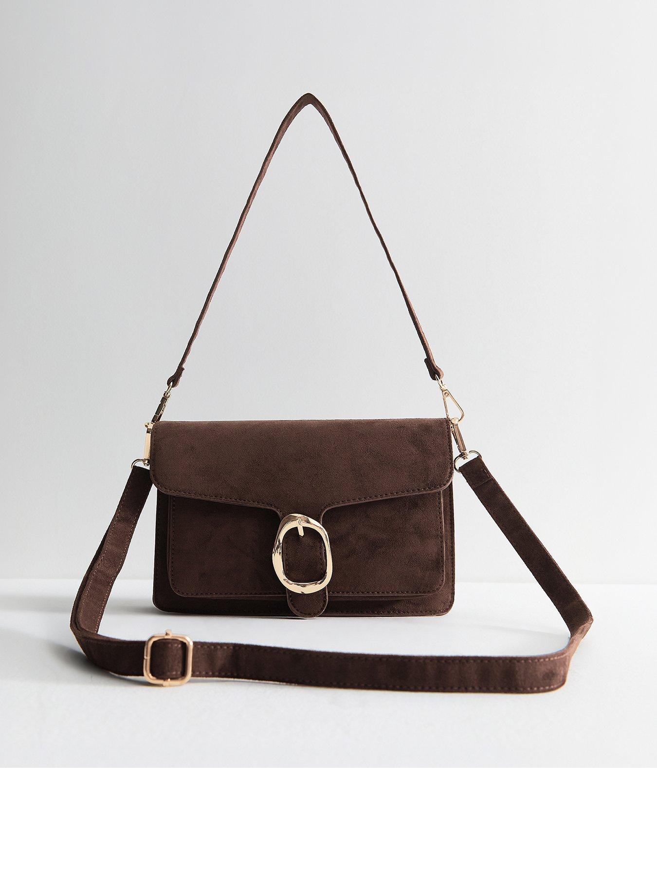 New Look Faux Suede Sculpted Buckle Shoulder Bag - Brown