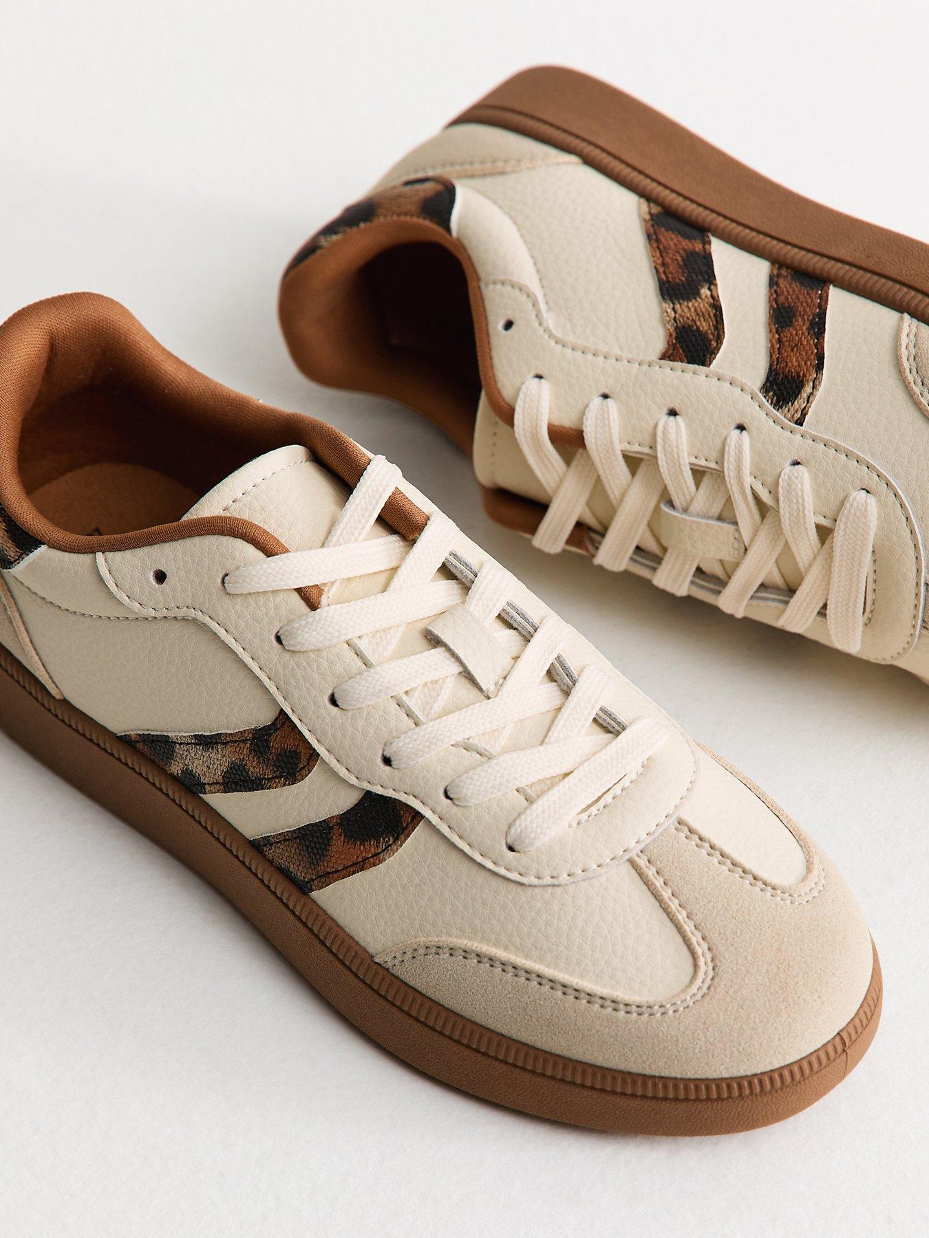 Image 3 of 3 of New Look Stone Panelled Faux Suede Leopard Trim Trainers