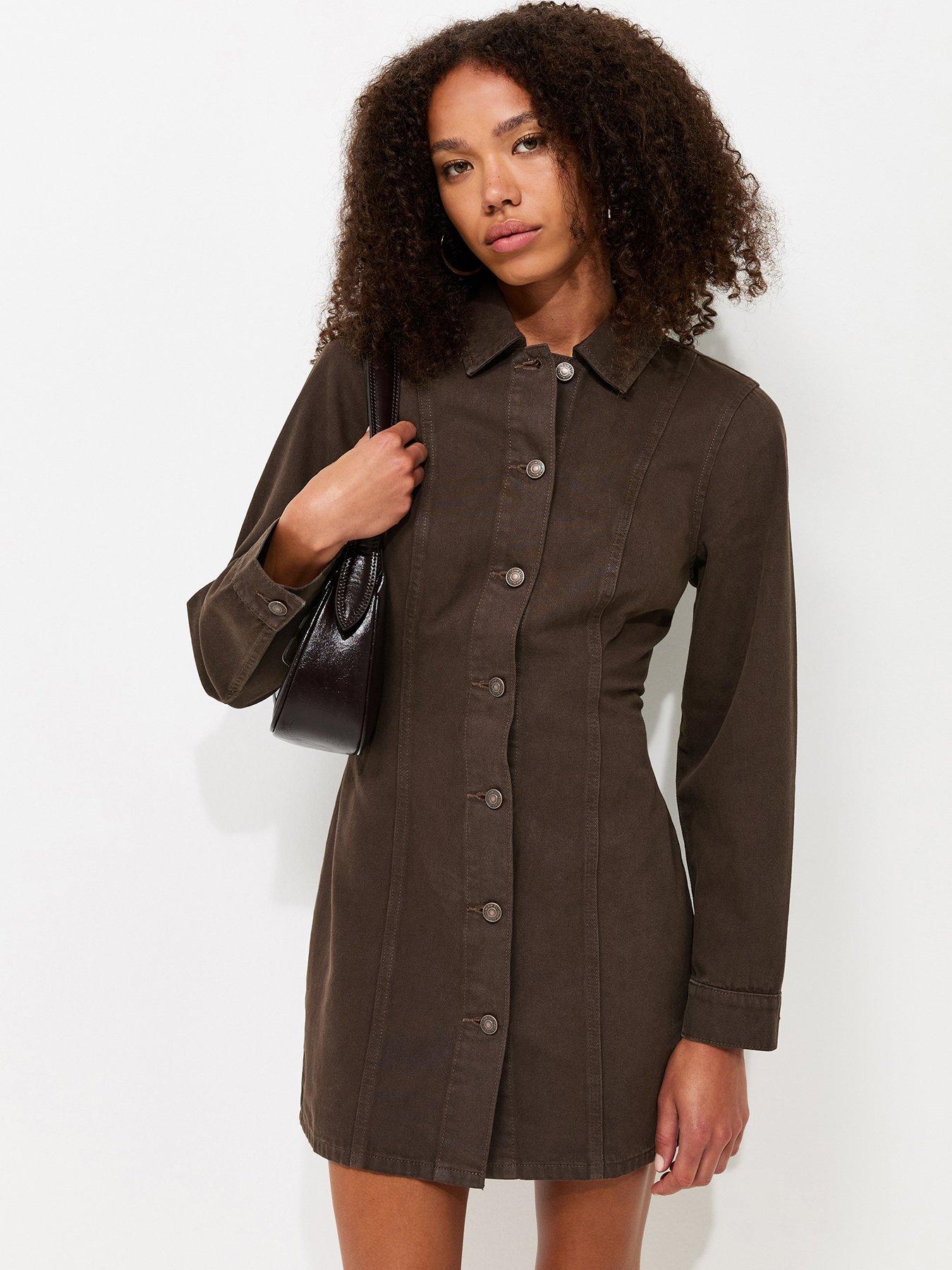 Image 1 of 6 of New Look Women's Long Sleeve Cinched Denim Dress - Dark Brown