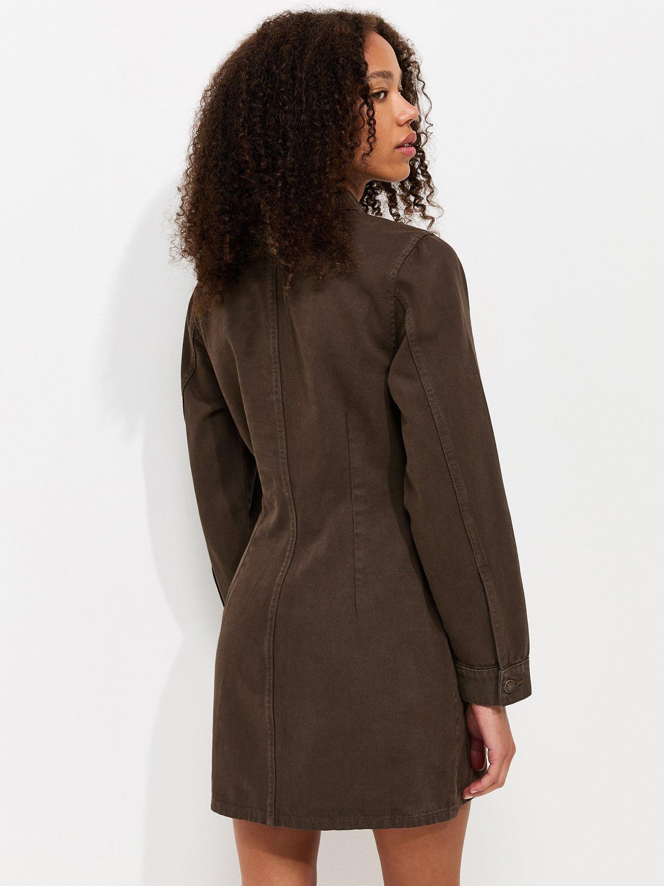 Image 2 of 6 of New Look Women's Long Sleeve Cinched Denim Dress - Dark Brown