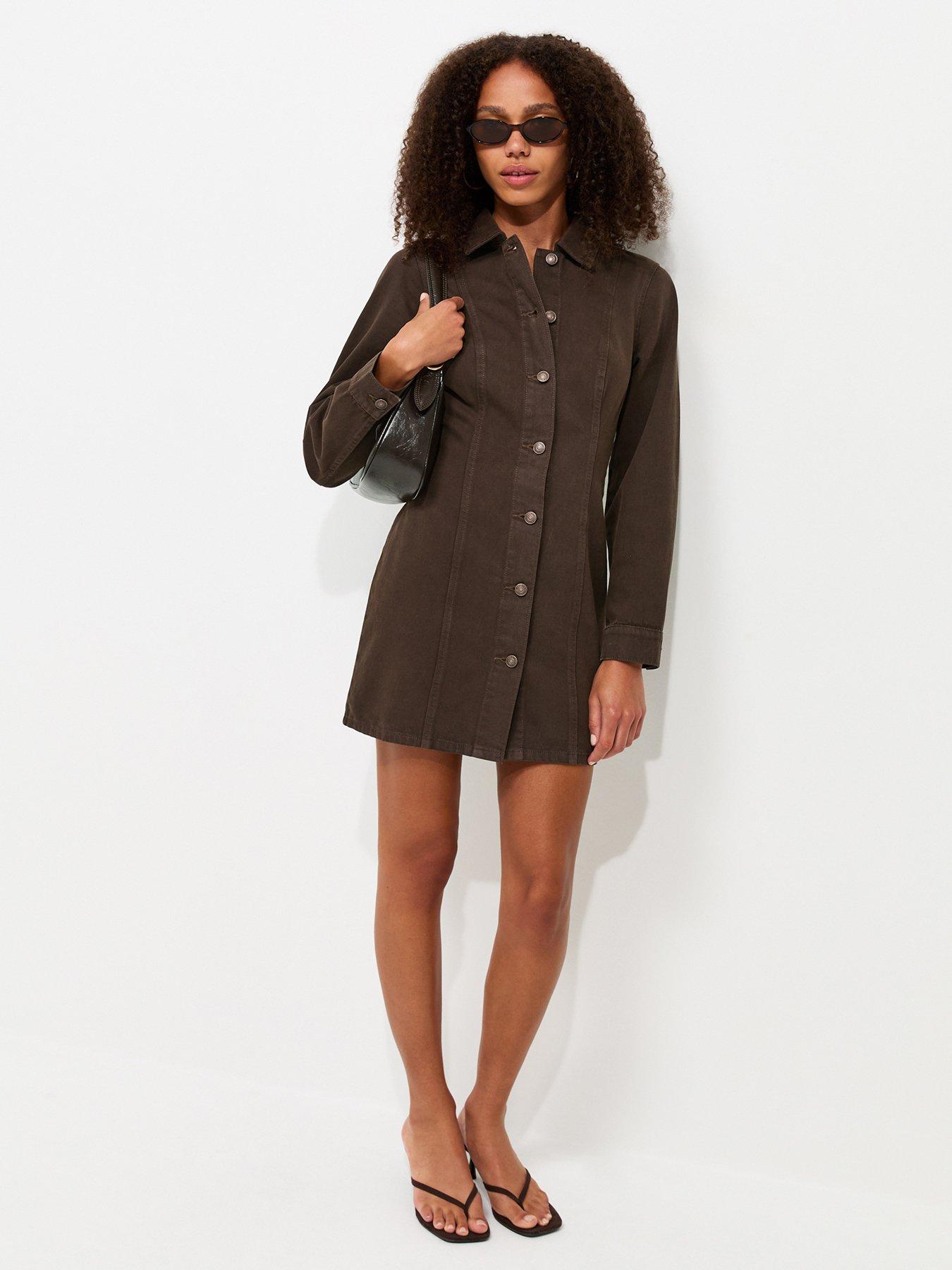 Image 3 of 6 of New Look Women's Long Sleeve Cinched Denim Dress - Dark Brown