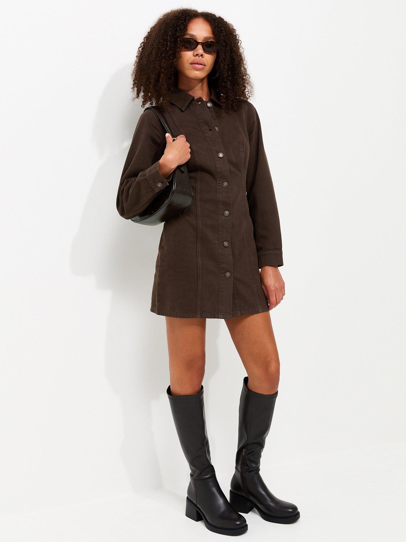 Image 4 of 6 of New Look Women's Long Sleeve Cinched Denim Dress - Dark Brown