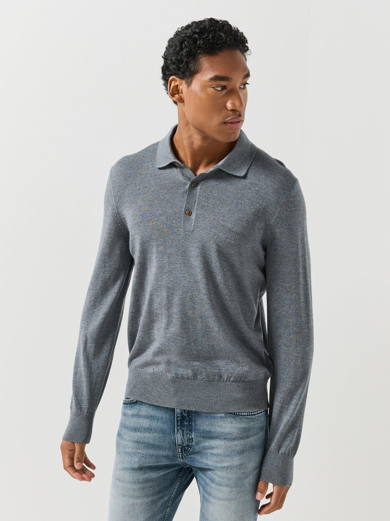 Image 1 of 6 of BOSS Mens H-Lancione-L Virgin Wool Long Sleeve Polo Shirt - Grey