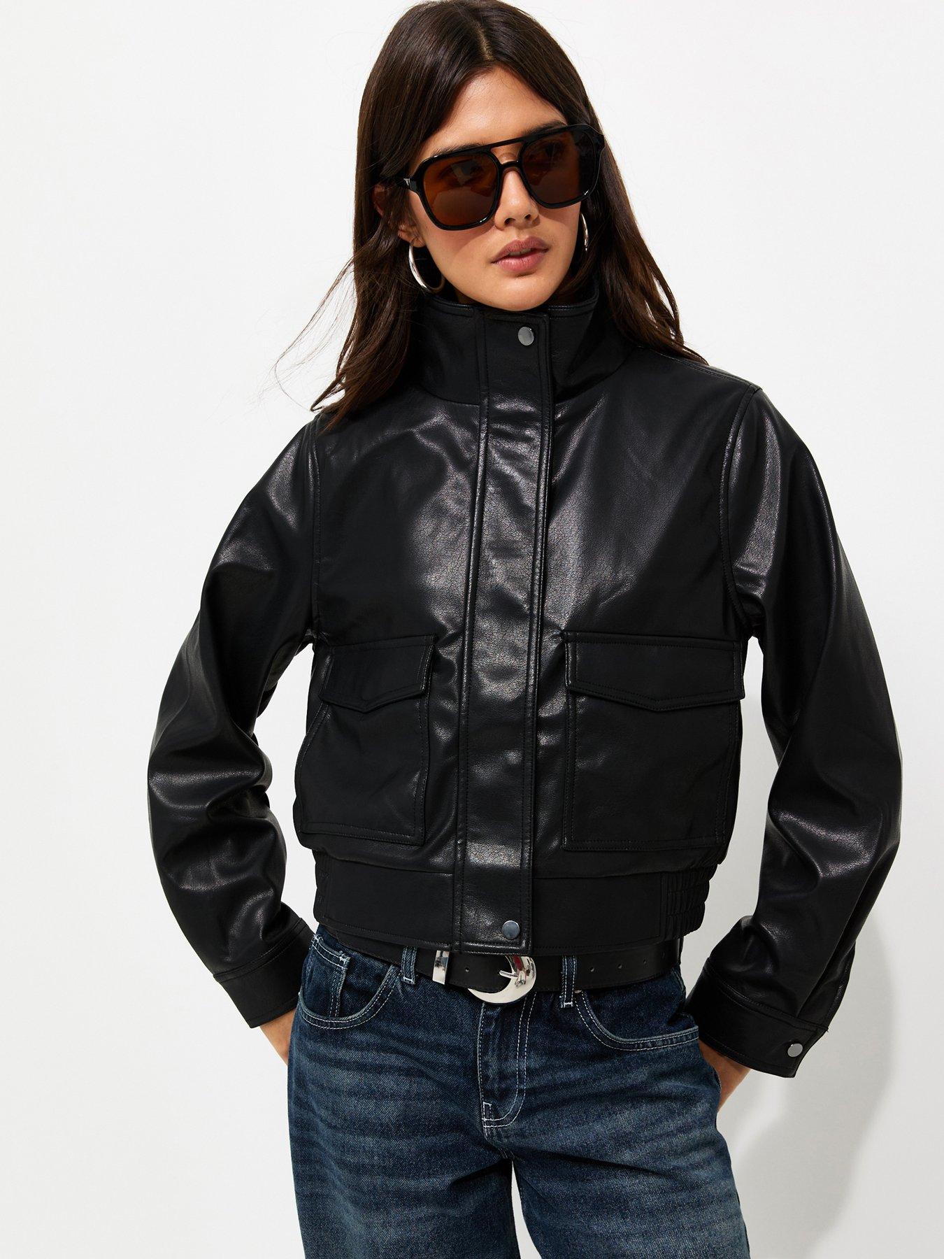 New Look Faux Leather Flap Pocket Funnel Neck Jacket - Black