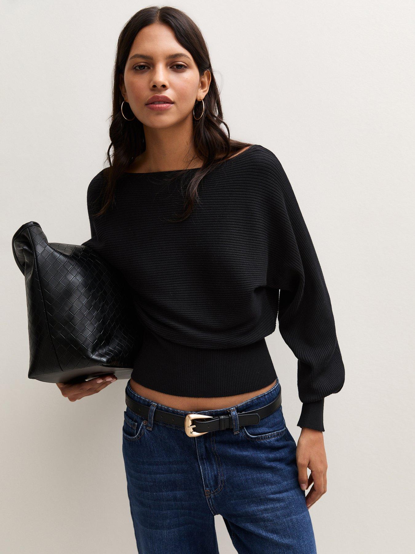 Image 1 of 5 of New Look Womens Ribbed Slash Neck Batwing Jumper - Black