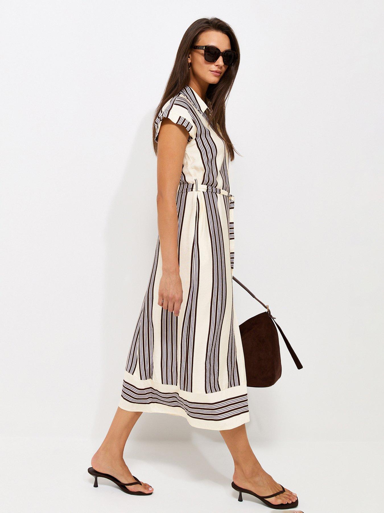 Image 1 of 5 of New Look Striped Short Sleeve Midi Shirt Dress - White