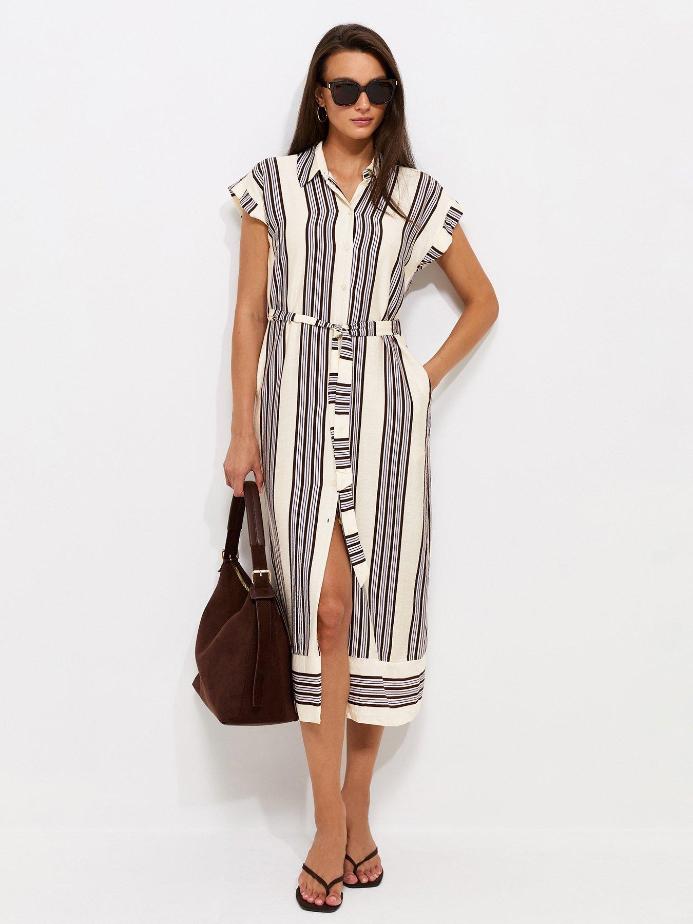 Image 3 of 5 of New Look Striped Short Sleeve Midi Shirt Dress - White