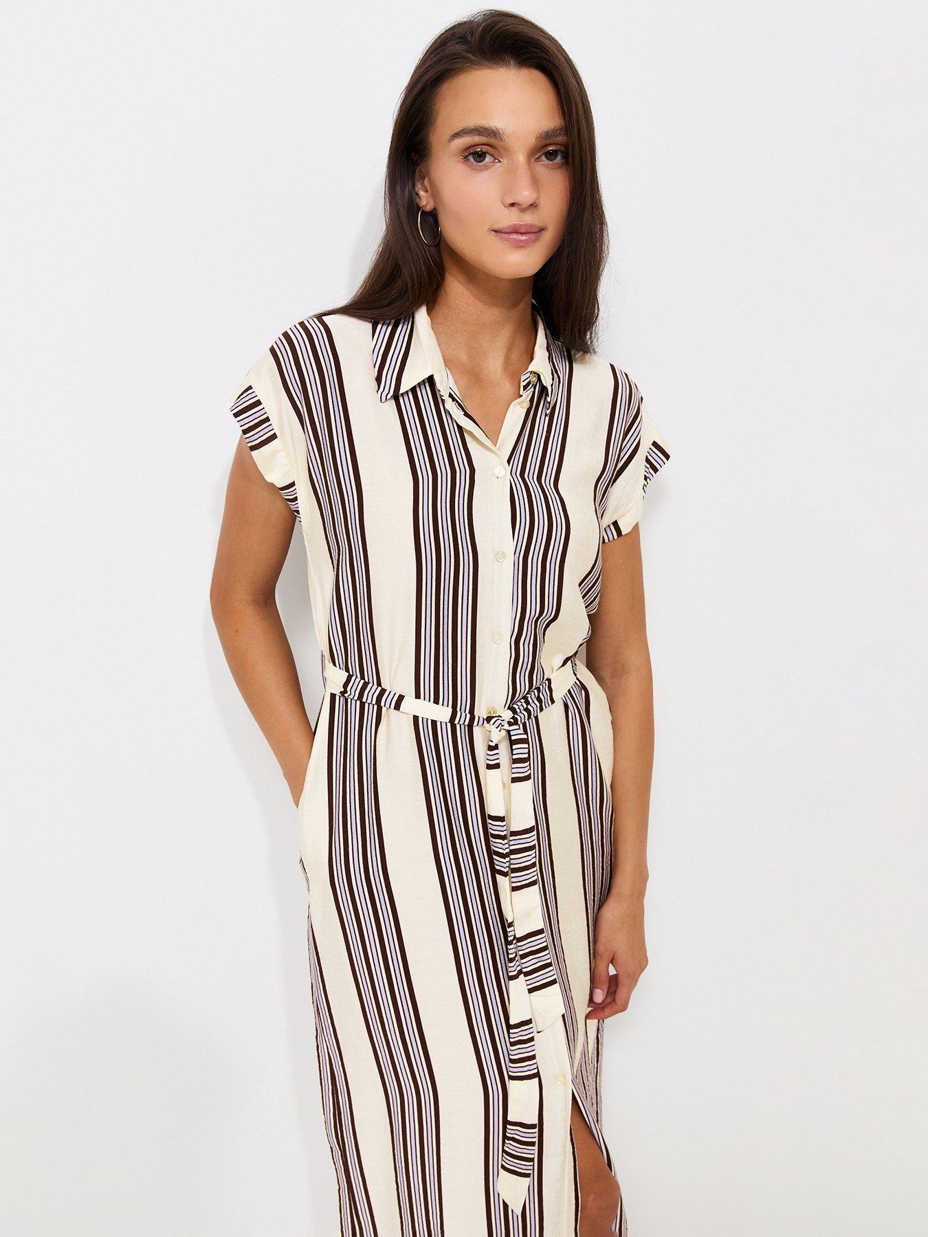 Image 4 of 5 of New Look Striped Short Sleeve Midi Shirt Dress - White