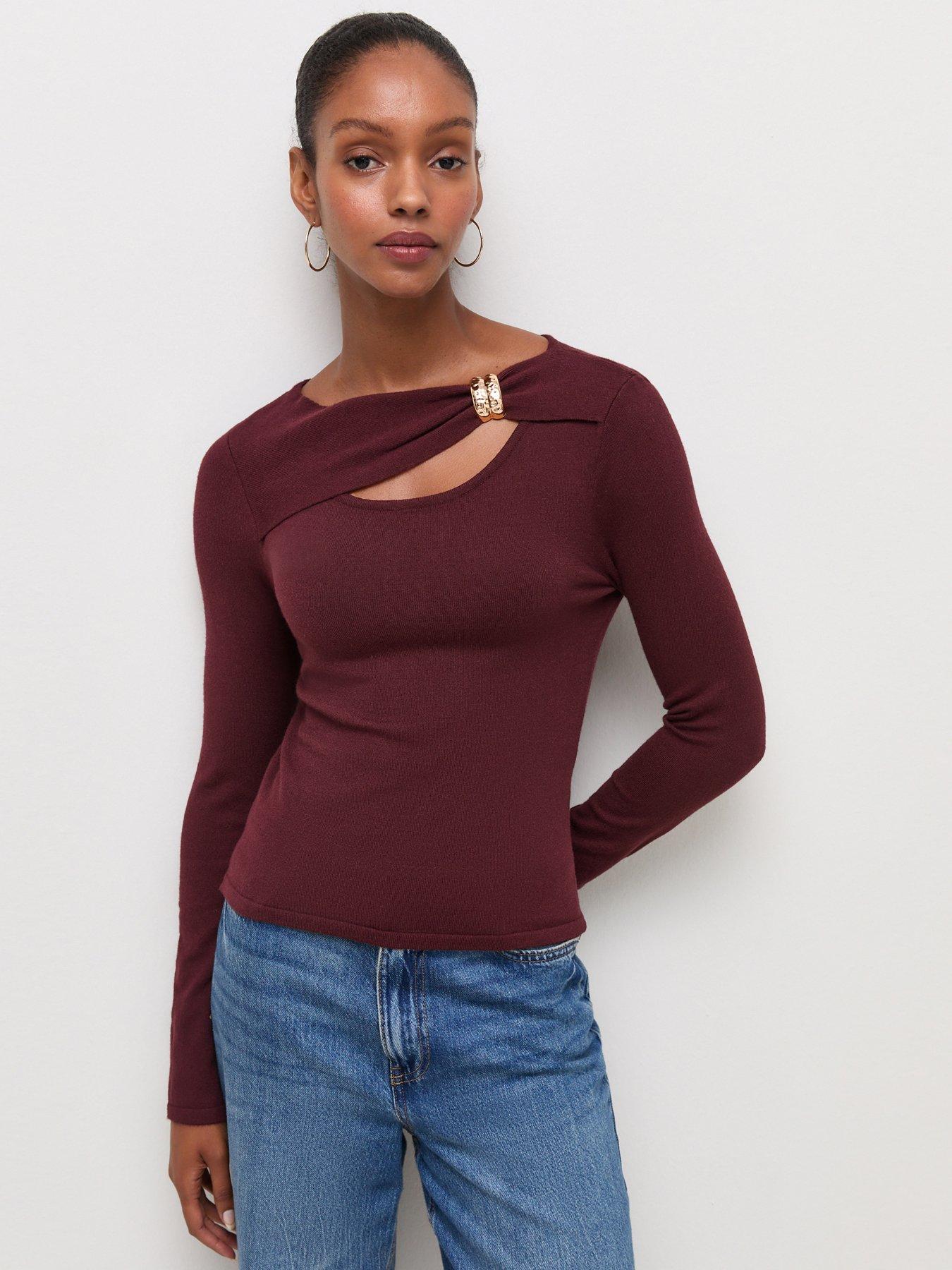 Image 1 of 6 of New Look Womens Knitted Cut-Out Ring Trim Top - Burgundy