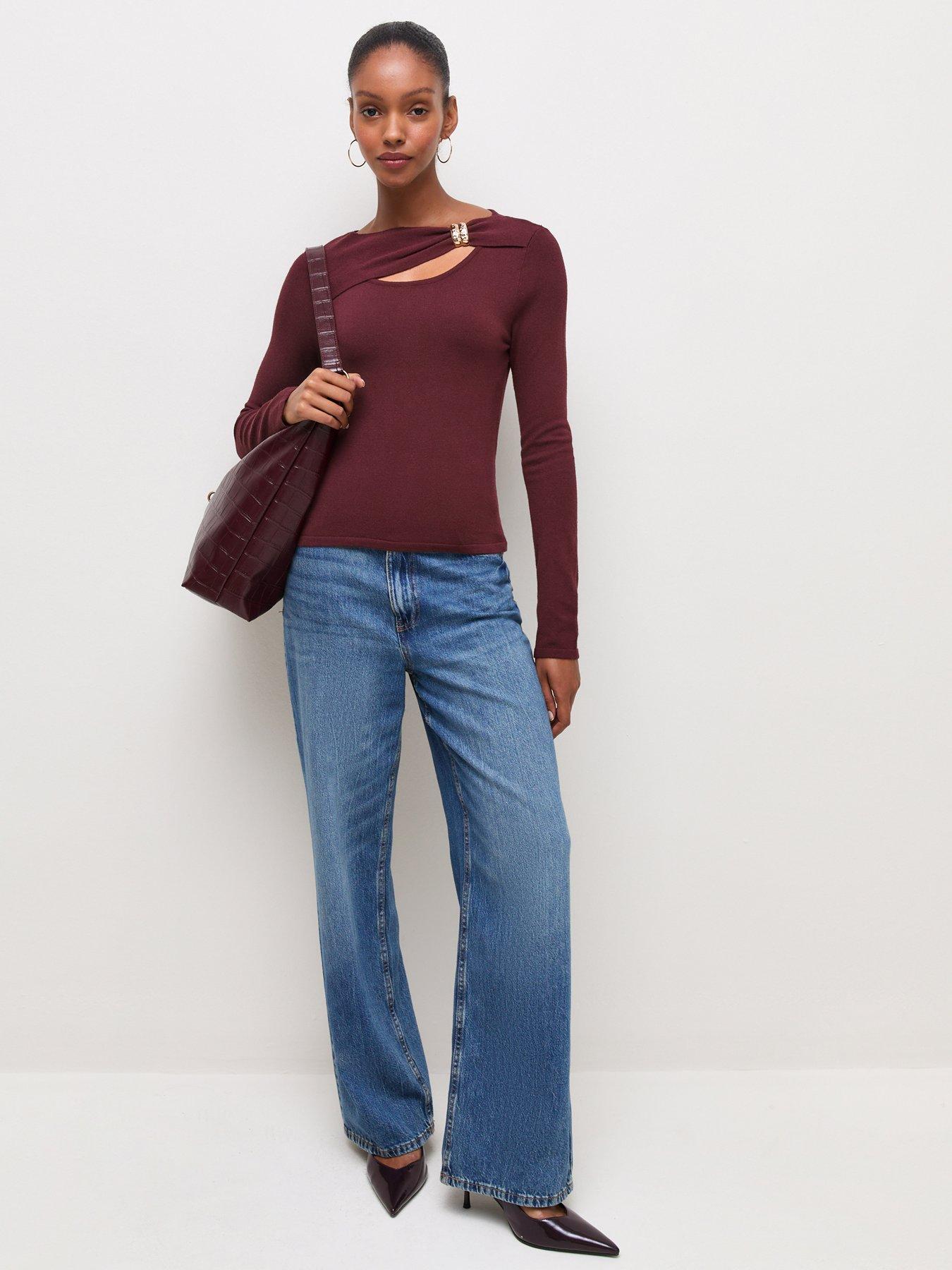 Image 3 of 6 of New Look Womens Knitted Cut-Out Ring Trim Top - Burgundy