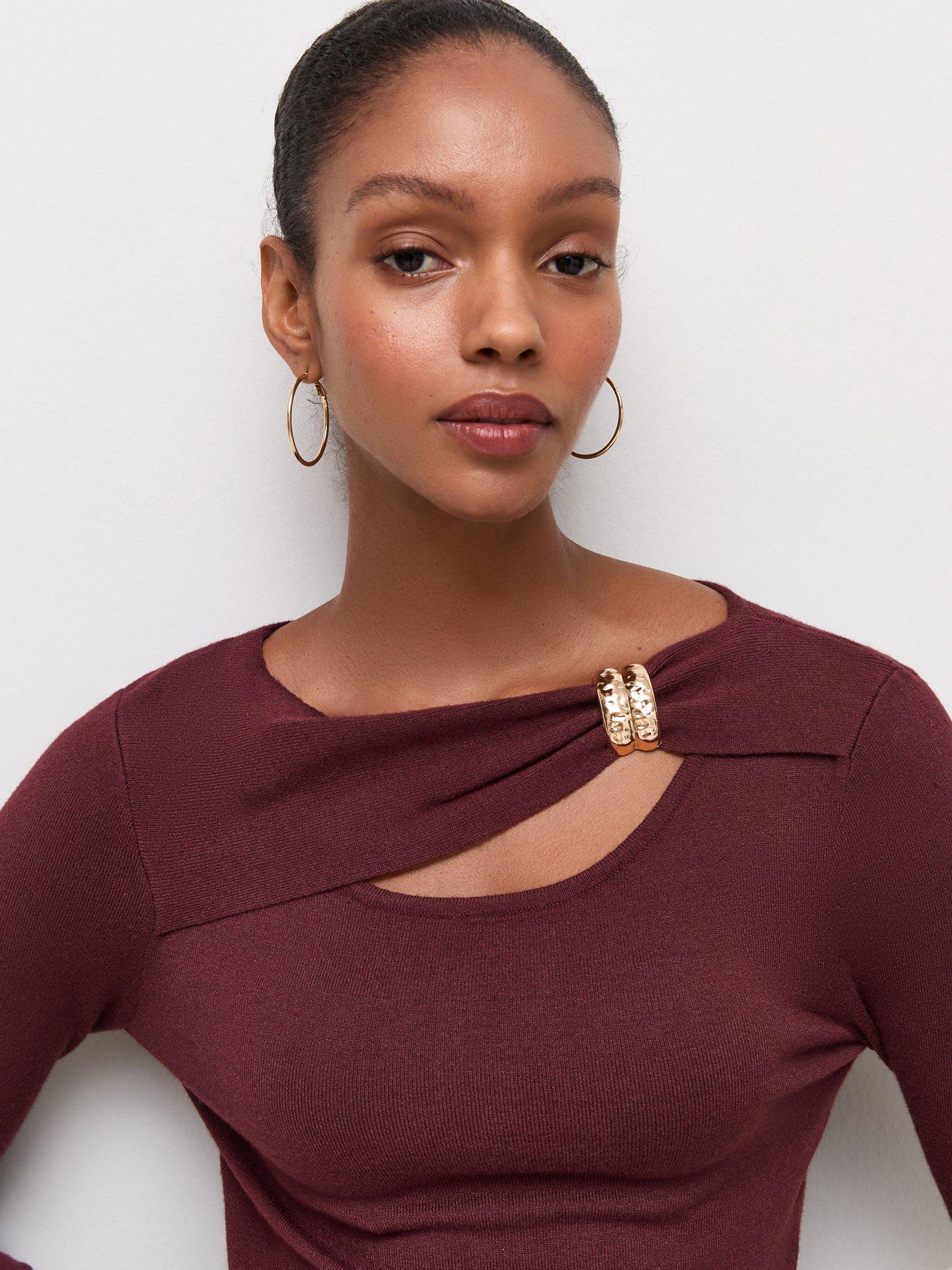 Image 4 of 6 of New Look Womens Knitted Cut-Out Ring Trim Top - Burgundy