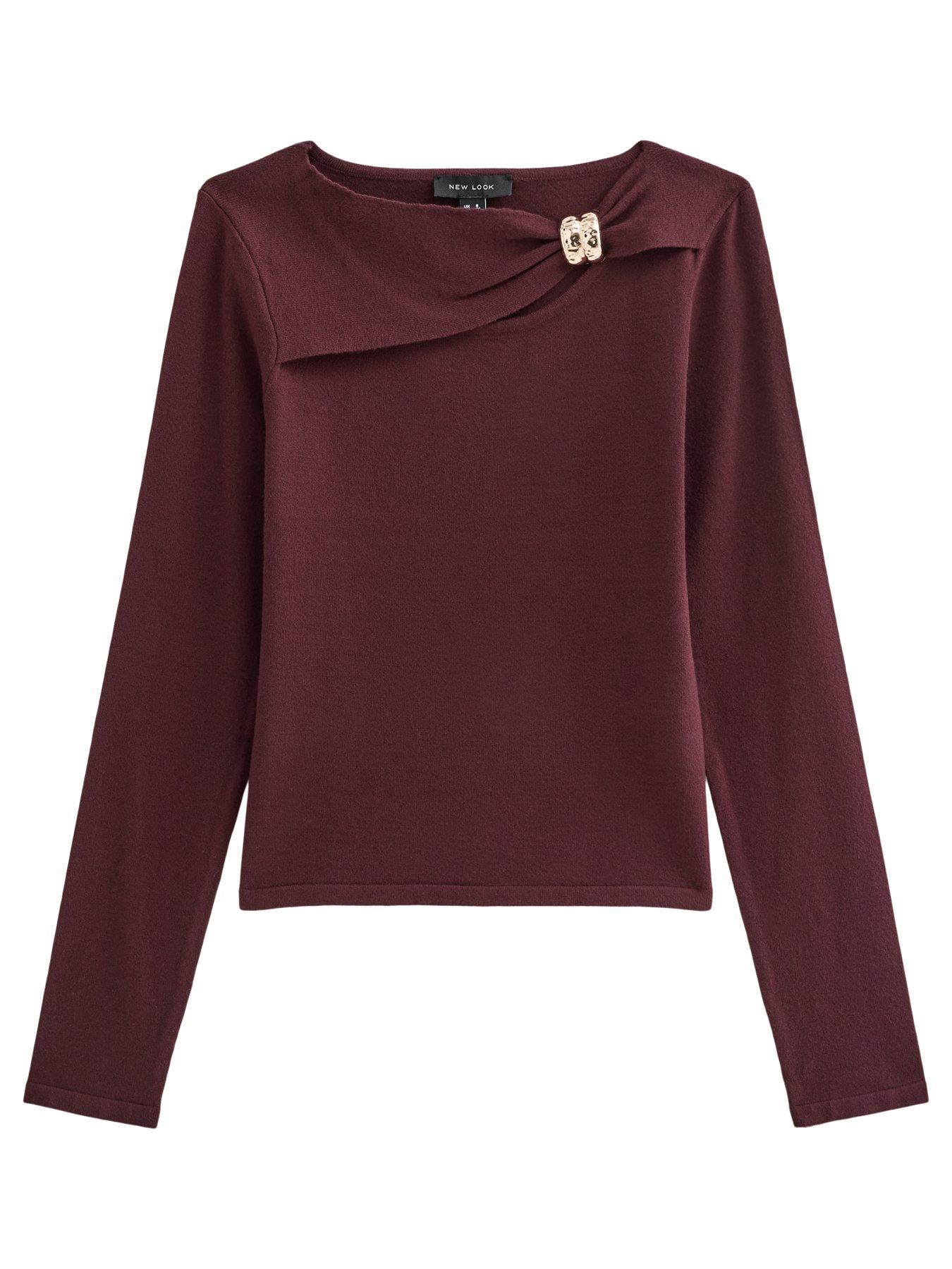 Image 6 of 6 of New Look Womens Knitted Cut-Out Ring Trim Top - Burgundy