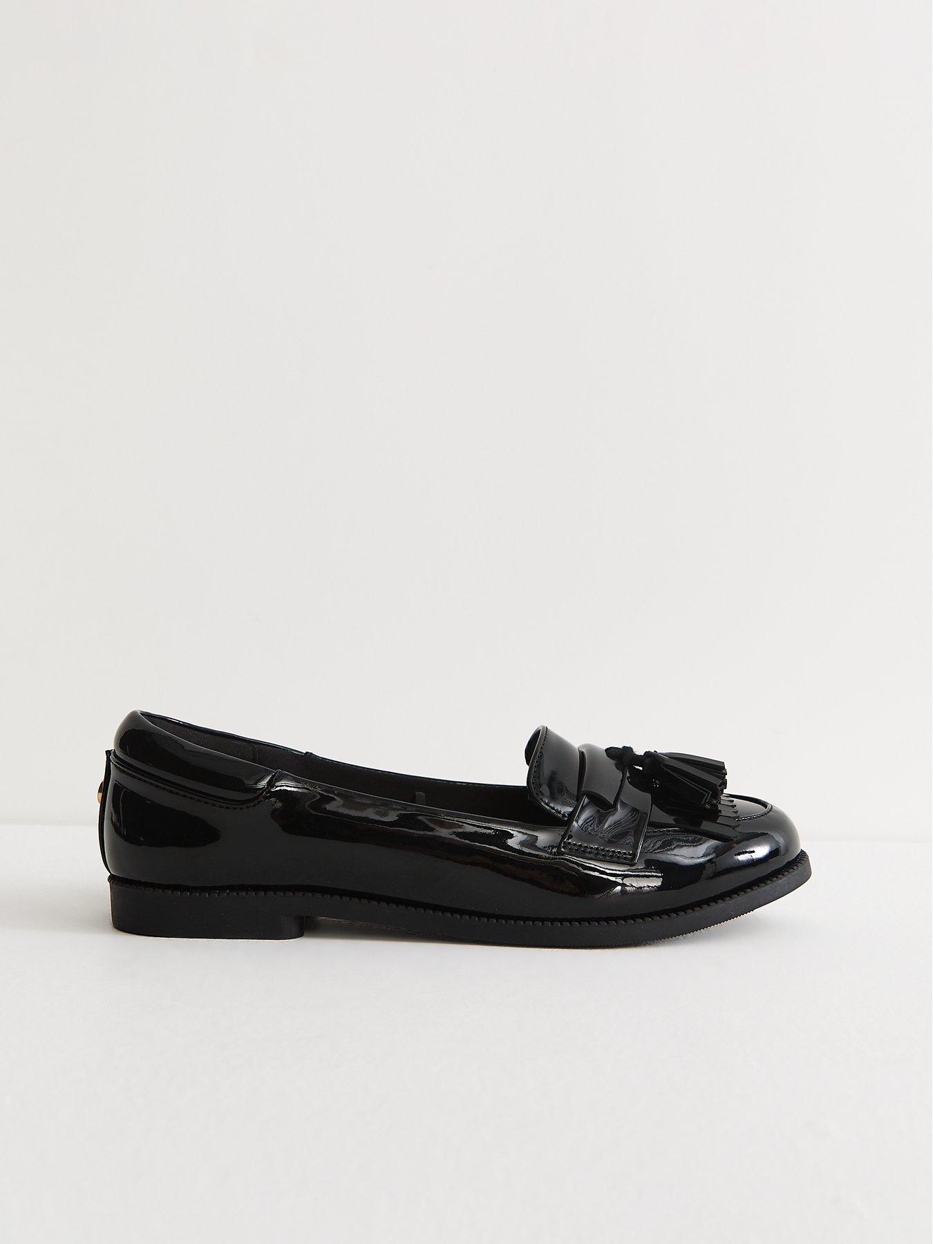 Image 1 of 6 of New Look Black Patent Faux Leather Tassel Trim Loafers