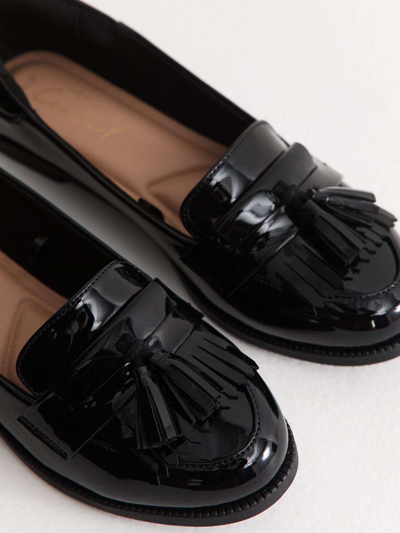 Image 5 of 6 of New Look Black Patent Faux Leather Tassel Trim Loafers