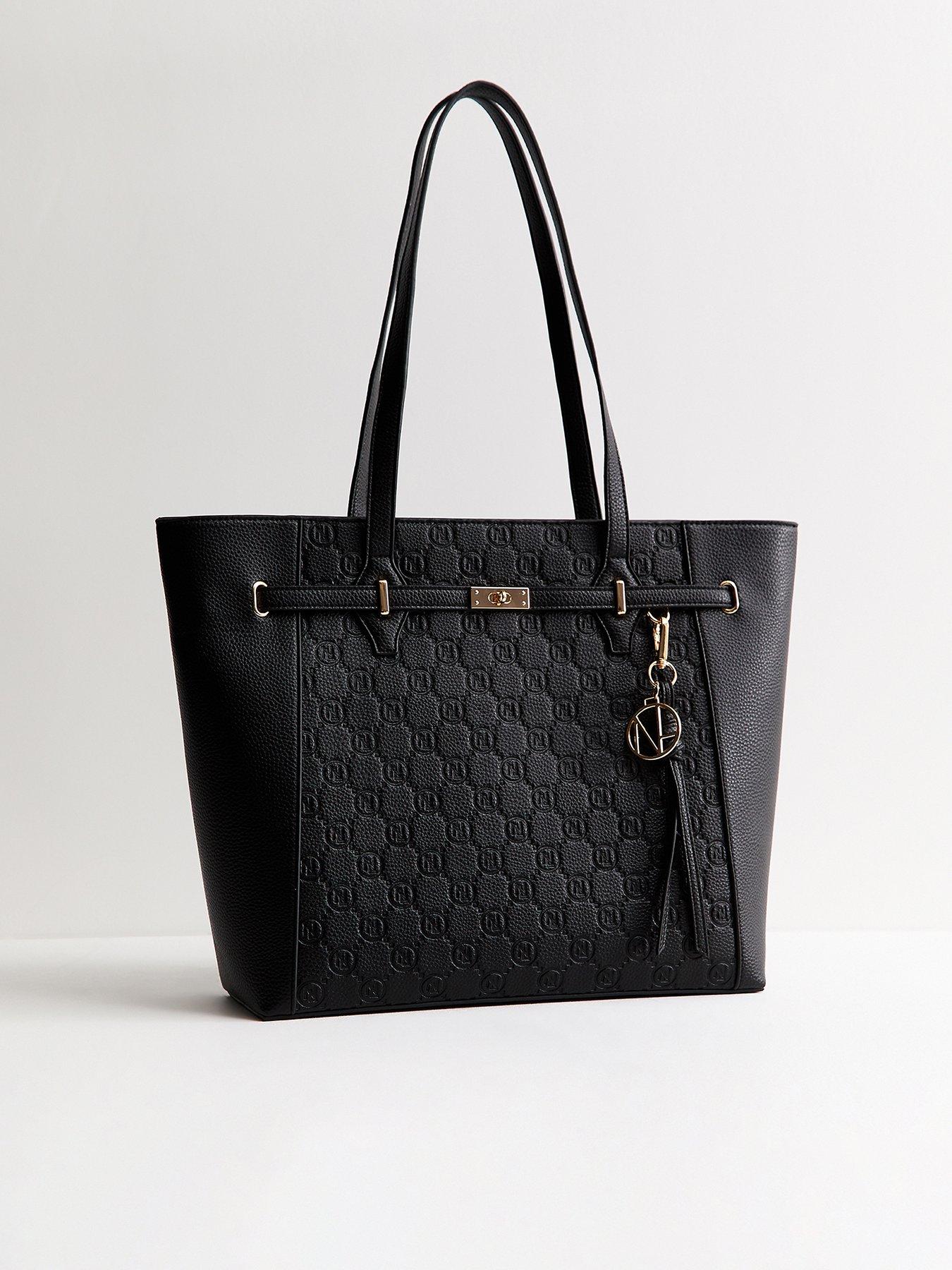 New Look Faux Leather Embossed Monogram Tote School Bag - Black