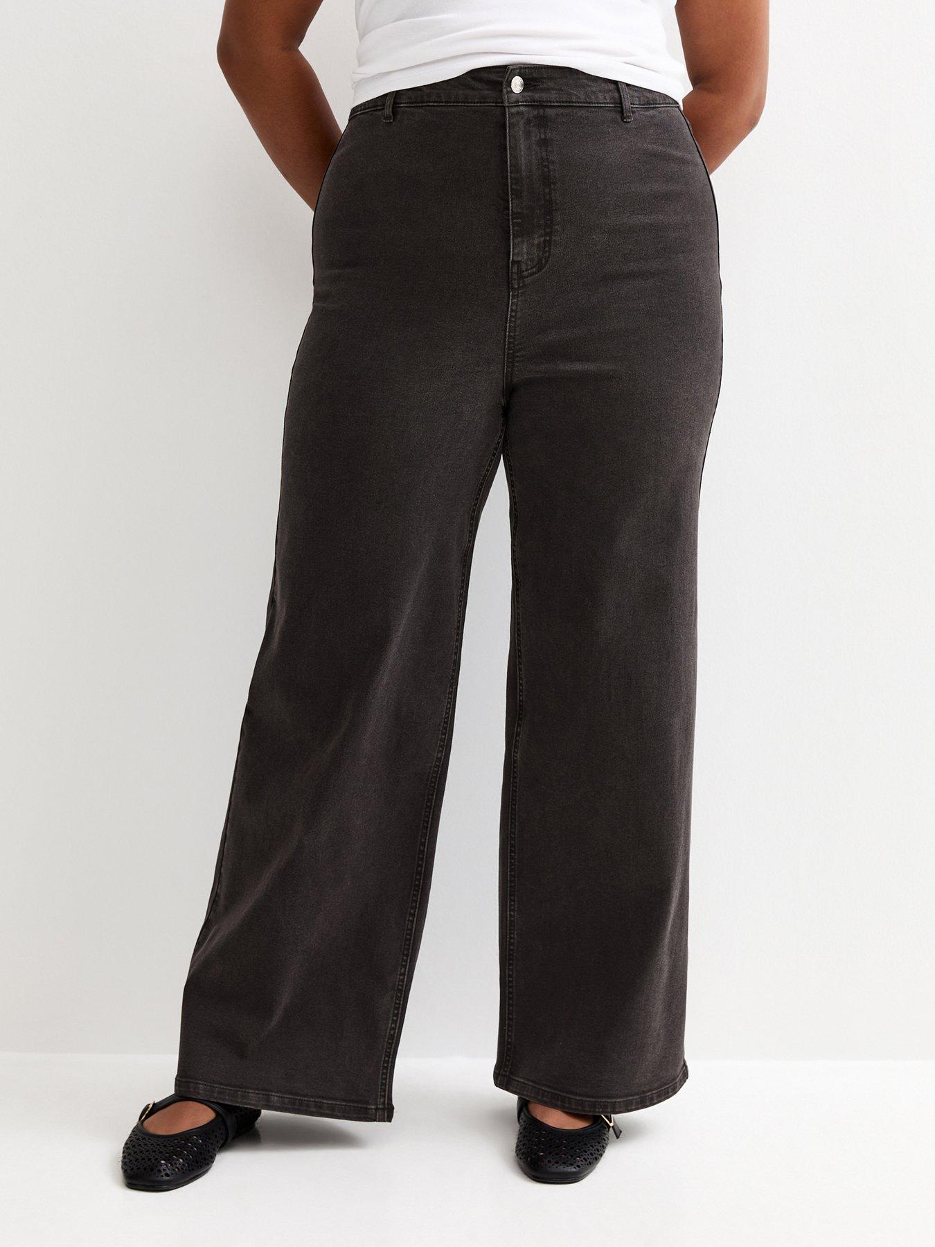 Image 1 of 5 of New Look High Waist Stretch Denim Wide Leg Jeans - Black