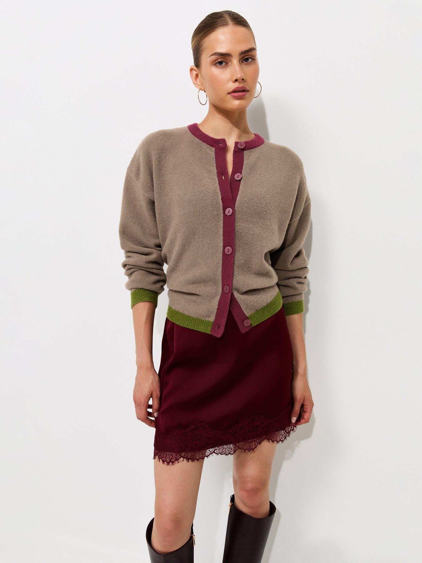 Image 1 of 6 of New Look Knitted Colour Block Trim Cardigan - Brown