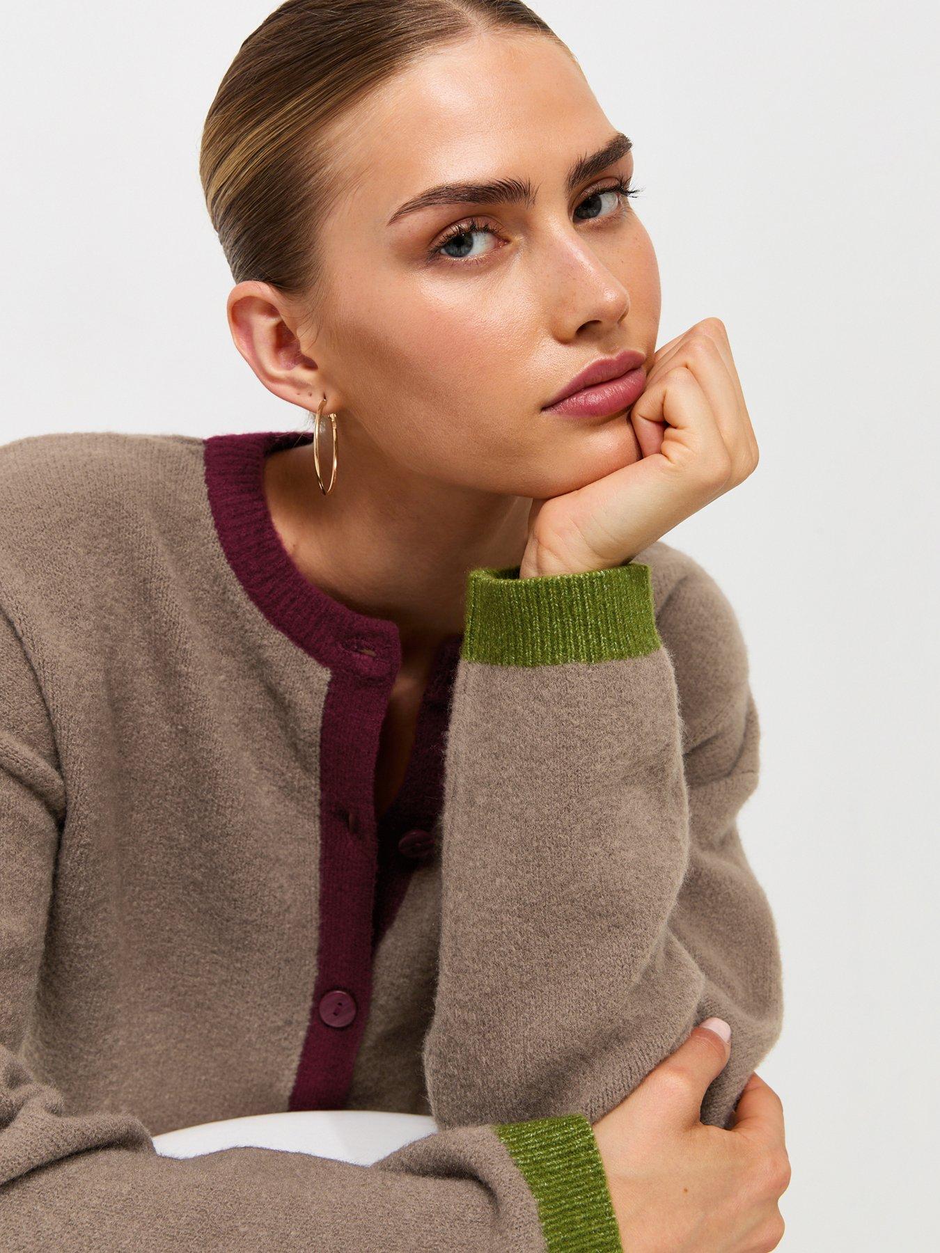 Image 4 of 6 of New Look Knitted Colour Block Trim Cardigan - Brown