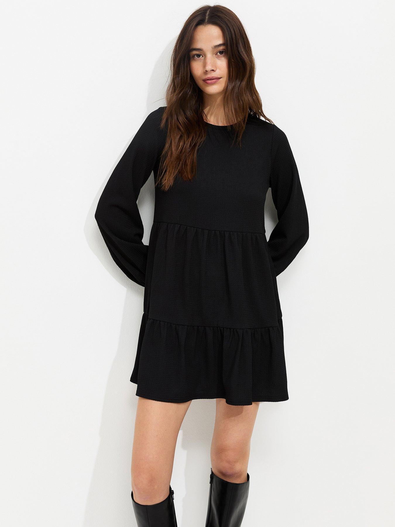 New Look Black Crinkled Long Sleeve Smock Mini Dress