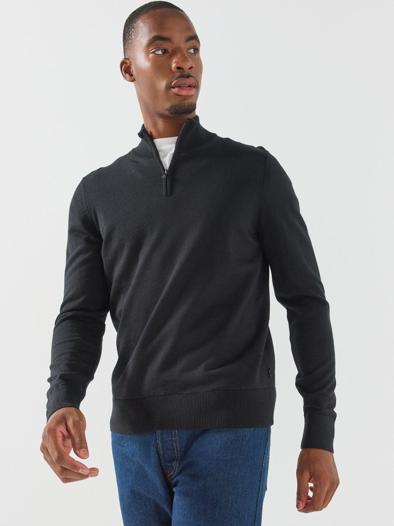 BOSS Men's 1/4 Zip Knitted Jumper with Funnel Neck - Black