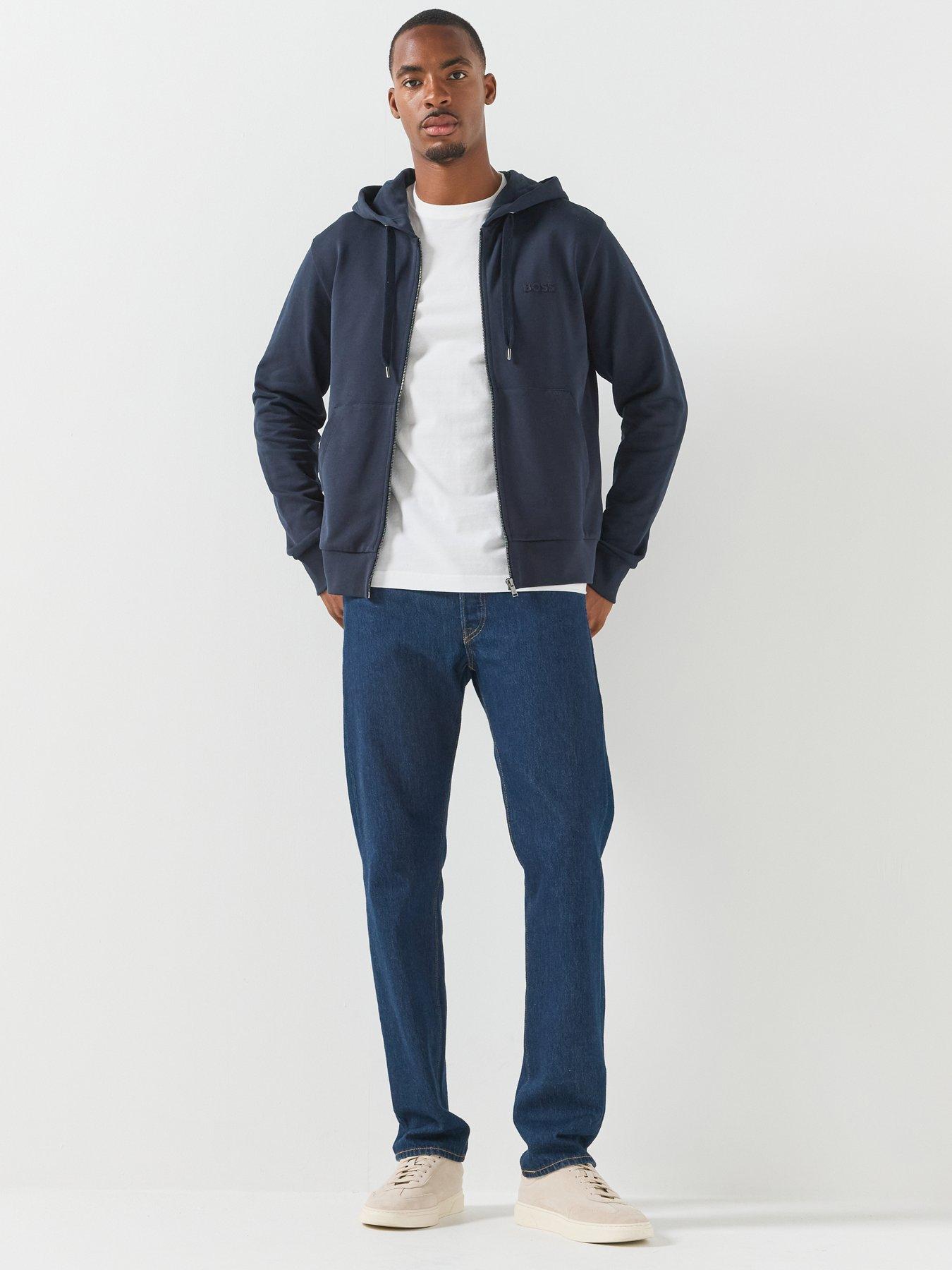 BOSS Men's Relaxed Fit Zip Through Hoodie with Drawstring Hood - Navy