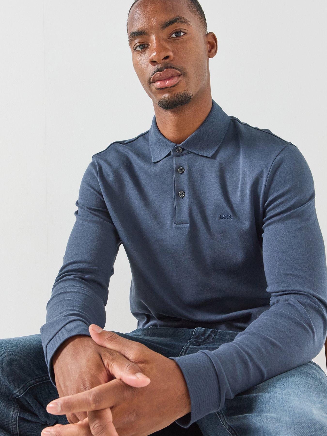 BOSS Men's Long Sleeve Polo Shirt with Embroidered Logo - Blue