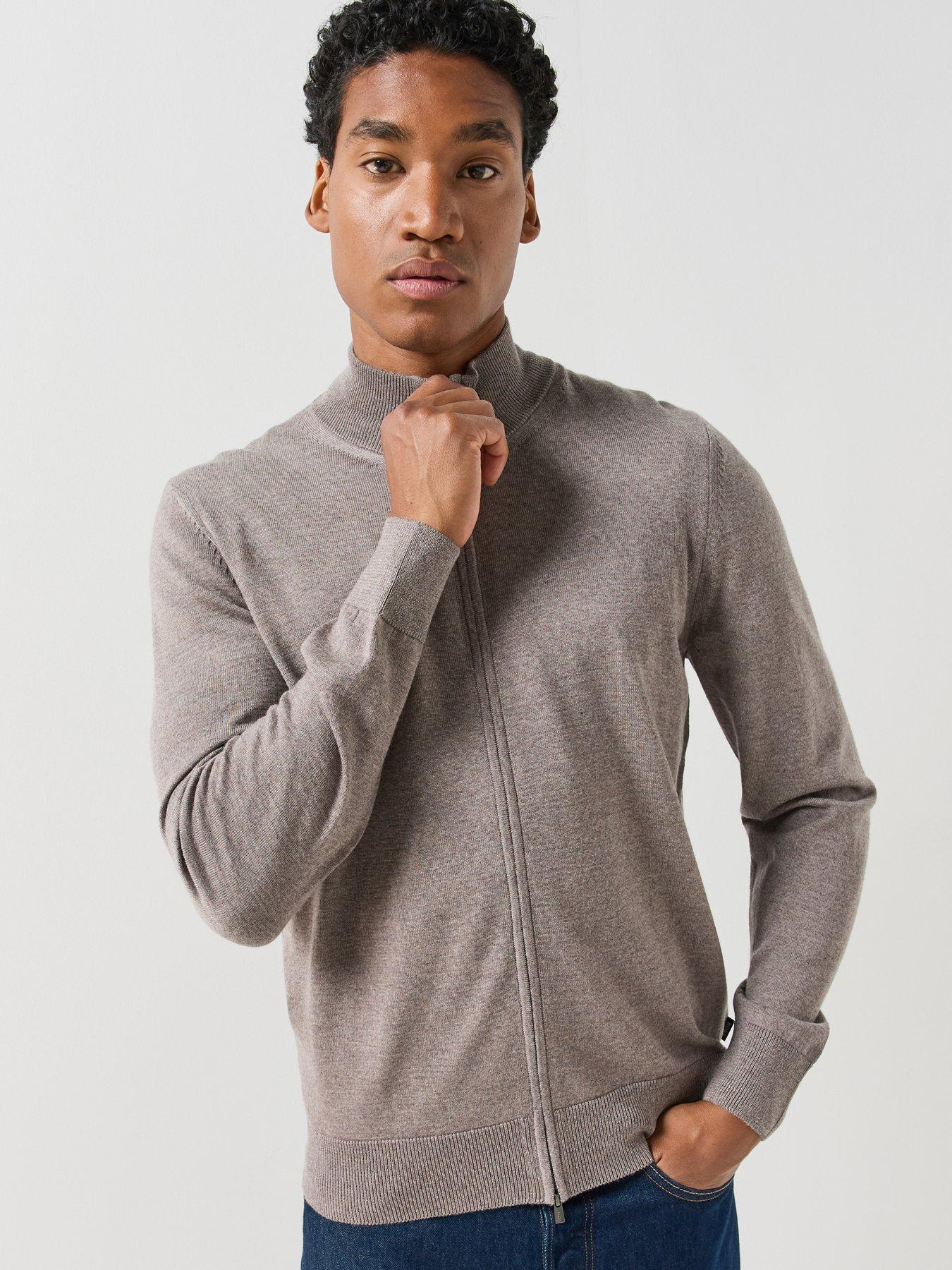 Image 1 of 6 of BOSS Mens H-Balonso Full-Zip Virgin Wool Knitted Jumper - Brown