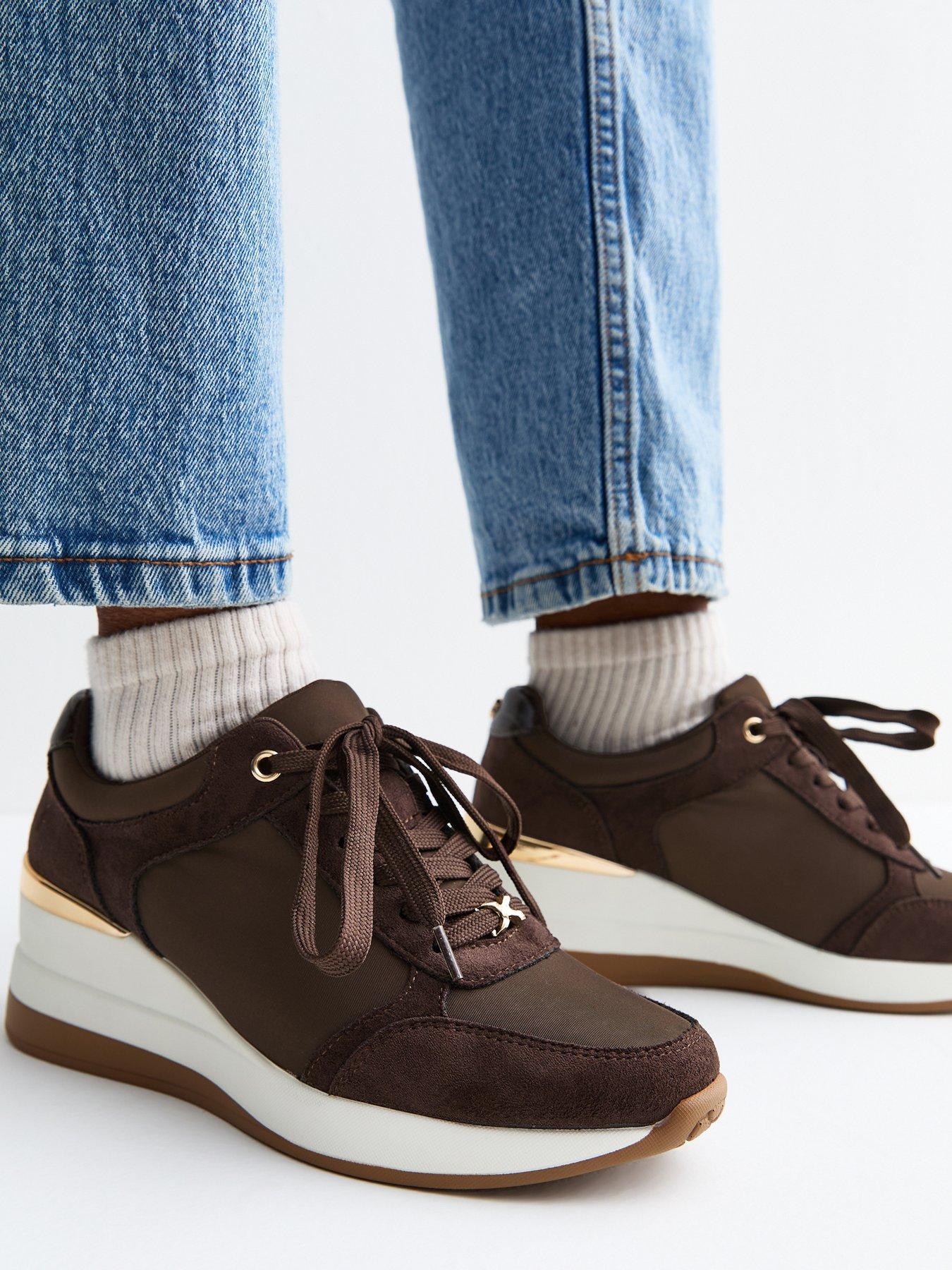 New Look Dark Brown Faux Suede Wedge Heel Lace Up Trainers