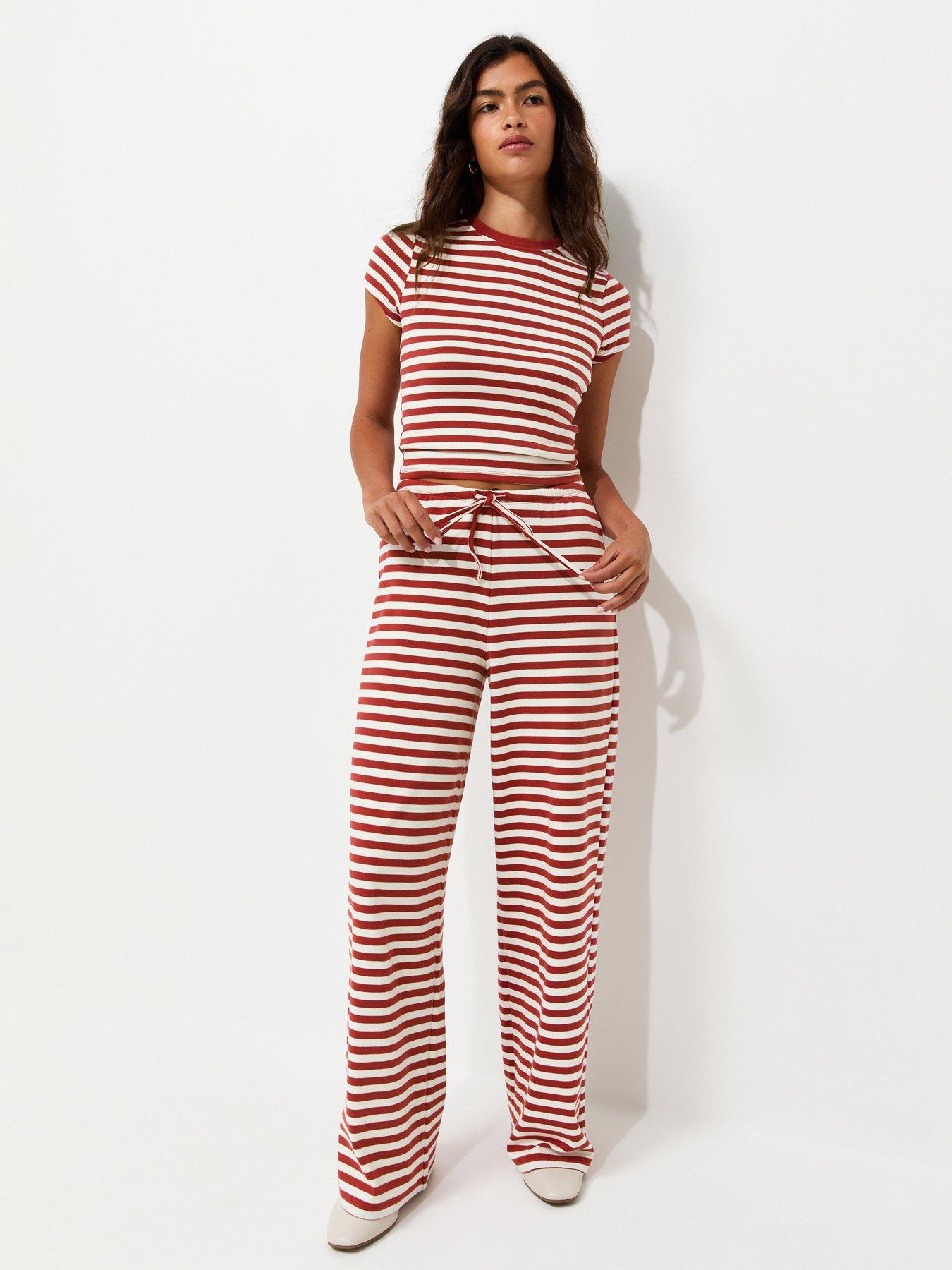 Image 1 of 5 of New Look Striped Drawstring Wide Leg Co-ord Trousers - Red