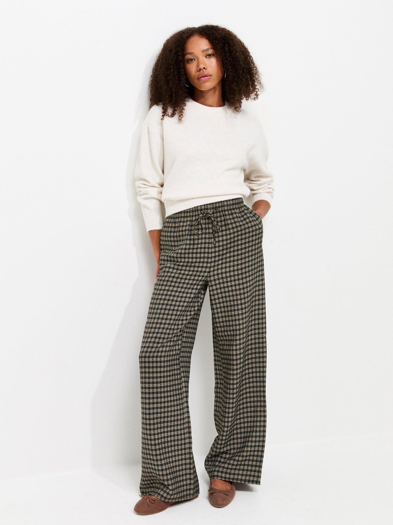 Image 1 of 5 of New Look Check Pattern Wide Leg Trousers - Brown