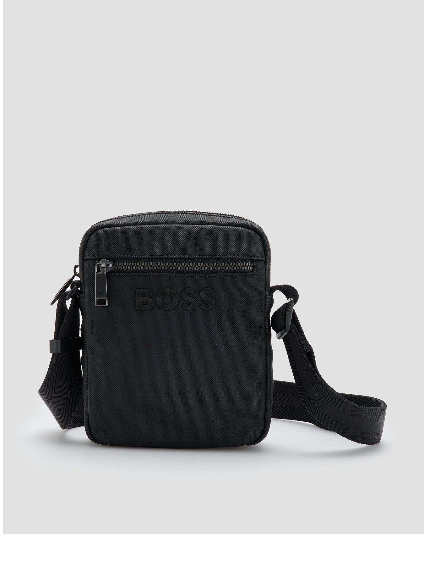 Image 1 of 6 of BOSS Mens Textured Tonal Logo Zip Crossbody Bag - Black