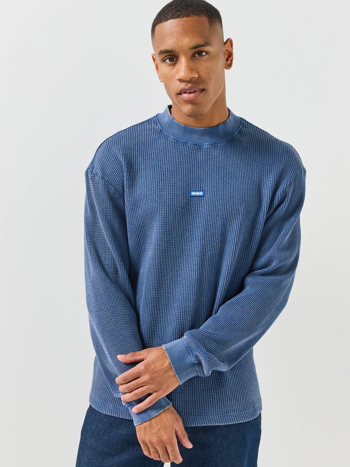 Image 1 of 4 of HUGO Mens Neminio Regular Fit Waffle Long Sleeve T-Shirt - Navy
