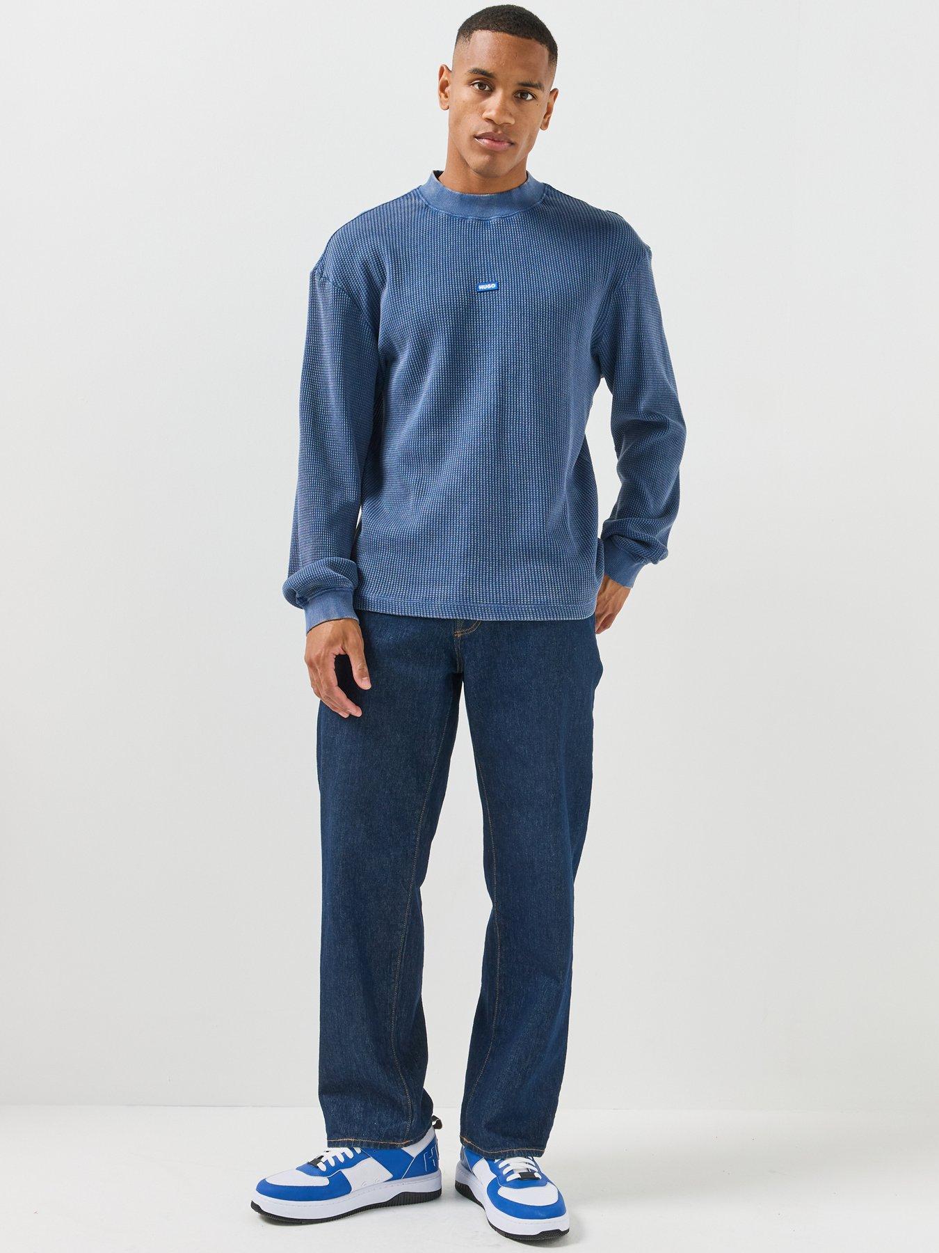 Image 3 of 4 of HUGO Mens Neminio Regular Fit Waffle Long Sleeve T-Shirt - Navy